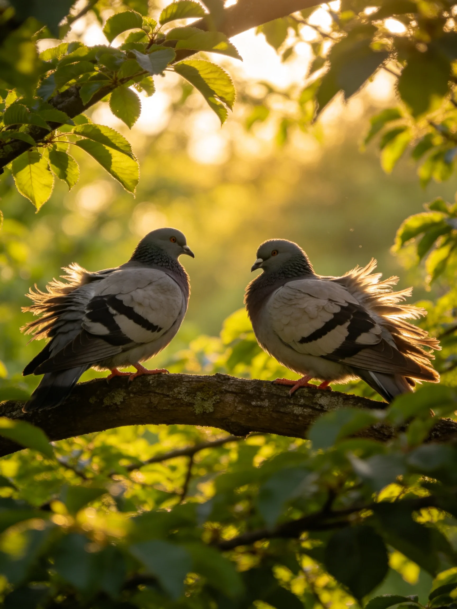 Two pigeons perch on a tree branch amid green leaves and golden light