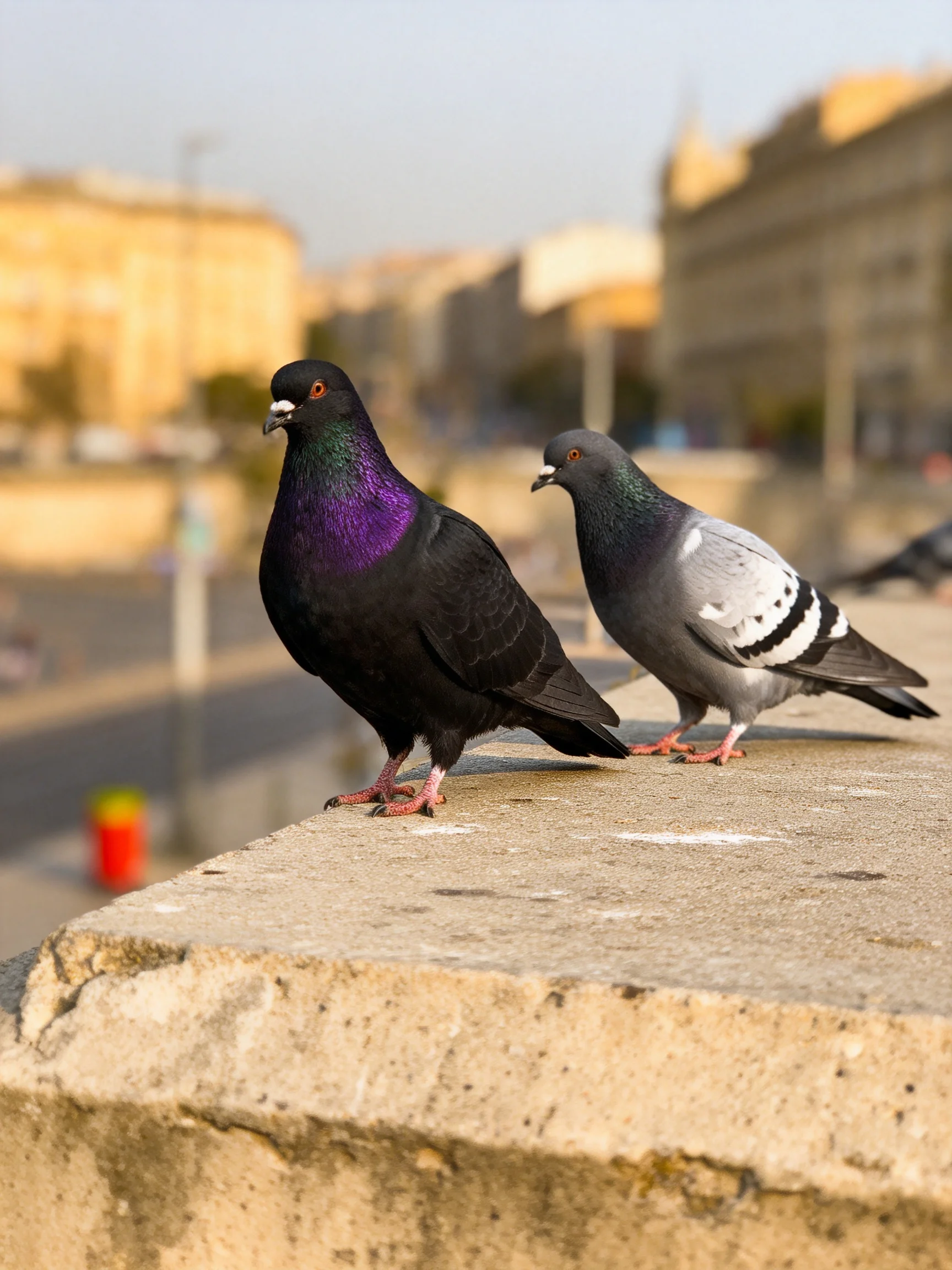 Two pigeons perch on a weathered stone ledge beside city buildings