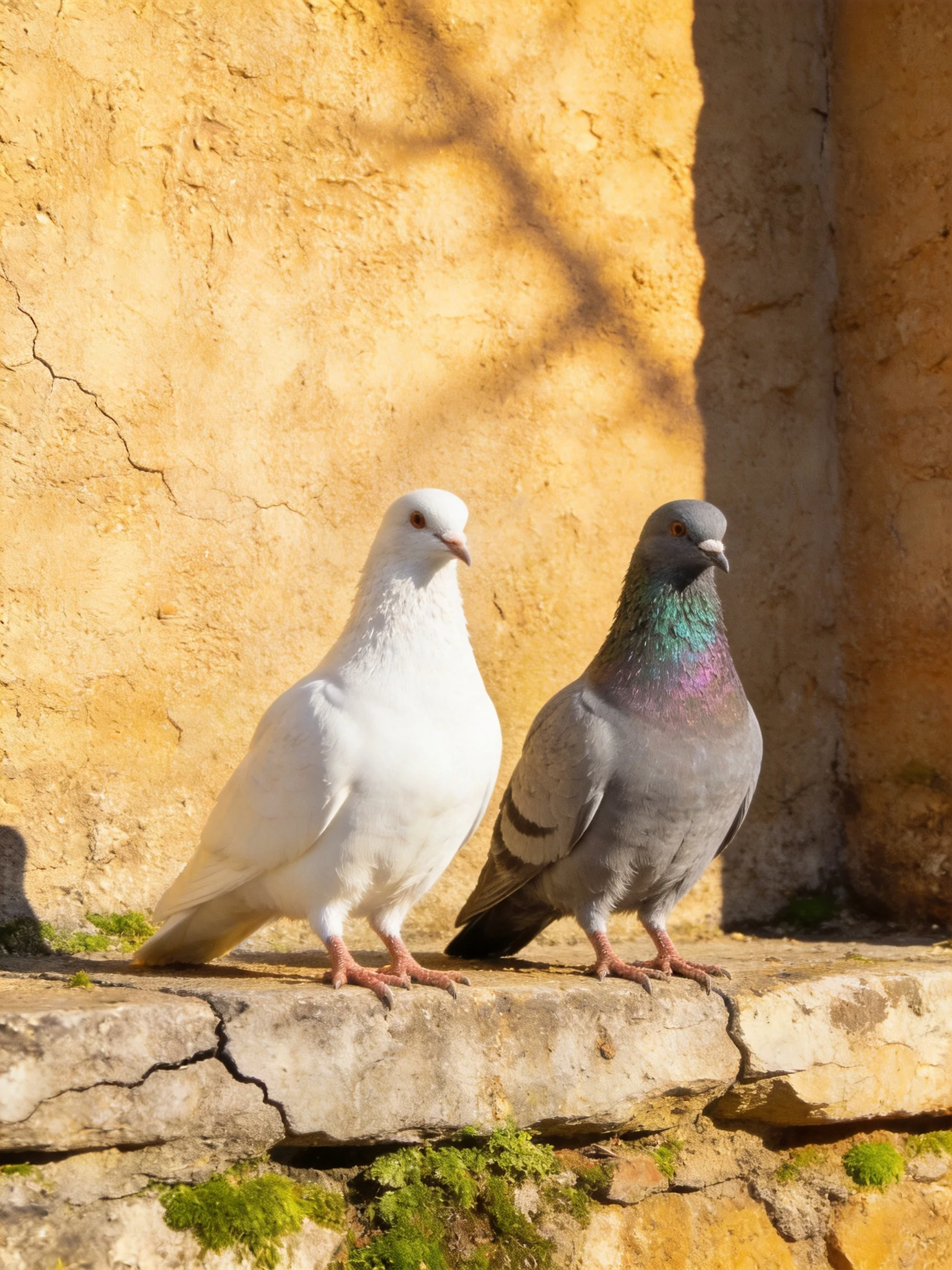 Two pigeons perch on a weathered stone ledge by an aged yellow wall