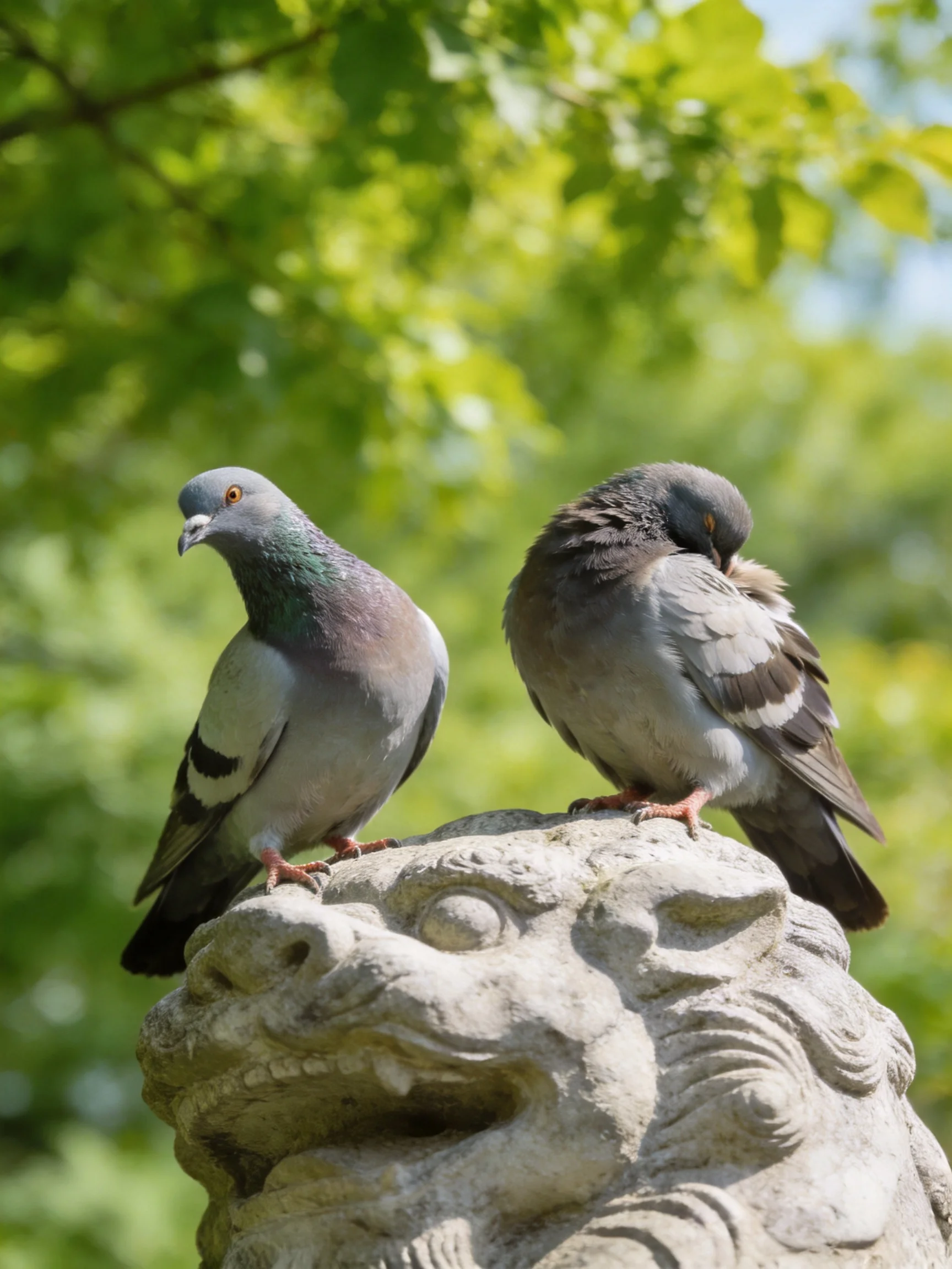 Two pigeons perch on a weathered stone lion statue surrounded by lush green trees