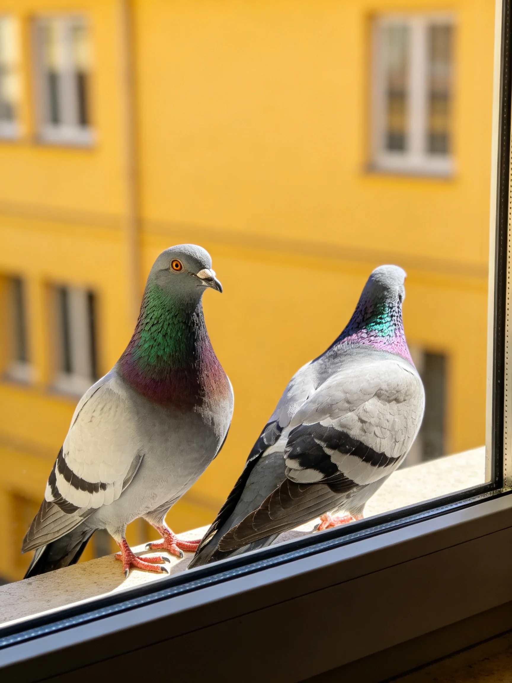 Two pigeons perch on a windowsill beside a bright yellow building
