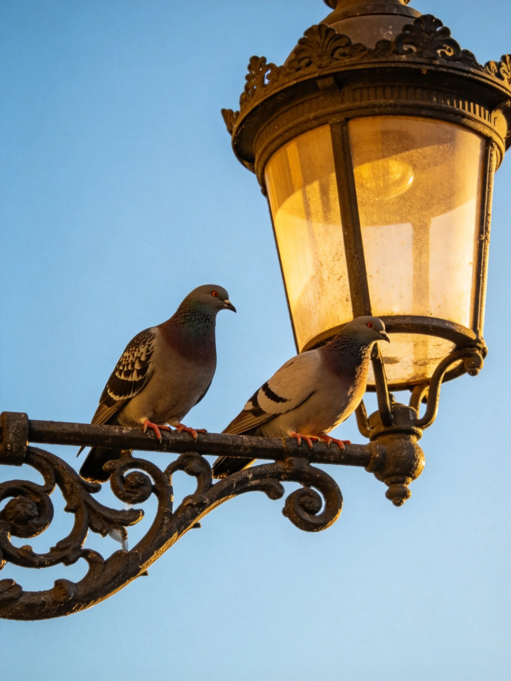 Two pigeons perch on an ornate vintage street lamp beneath a clear blue sky.