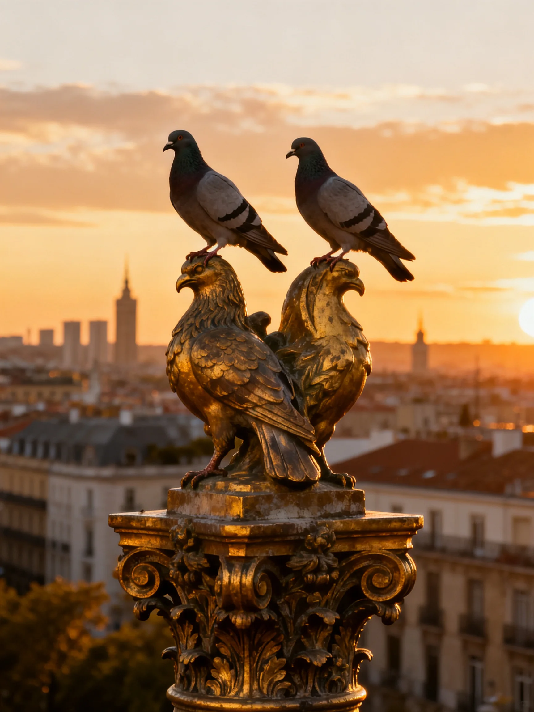 Two pigeons perch on ornate golden bird statues during sunset over a city