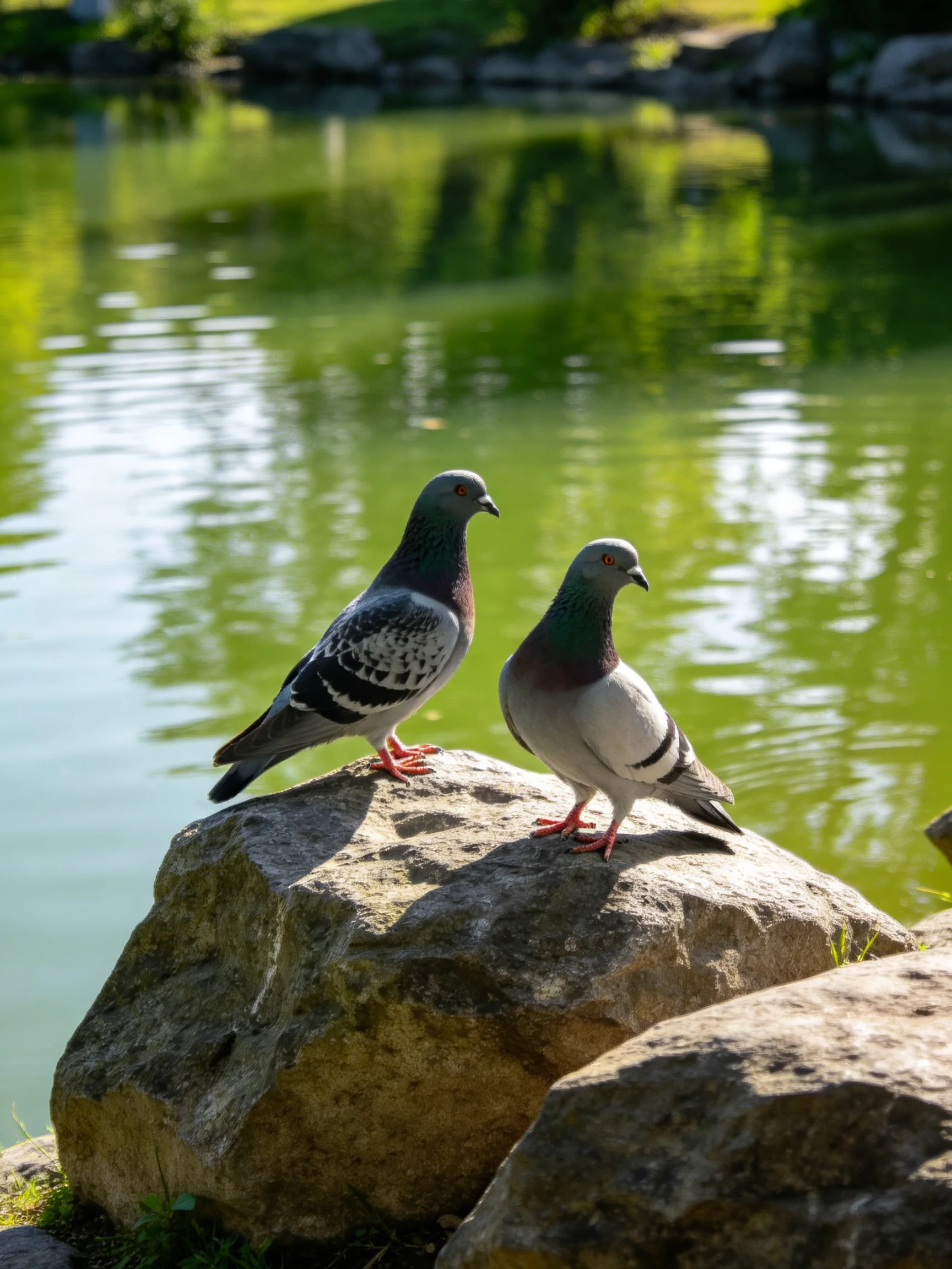 Two pigeons perch on rocks near a calm green lake