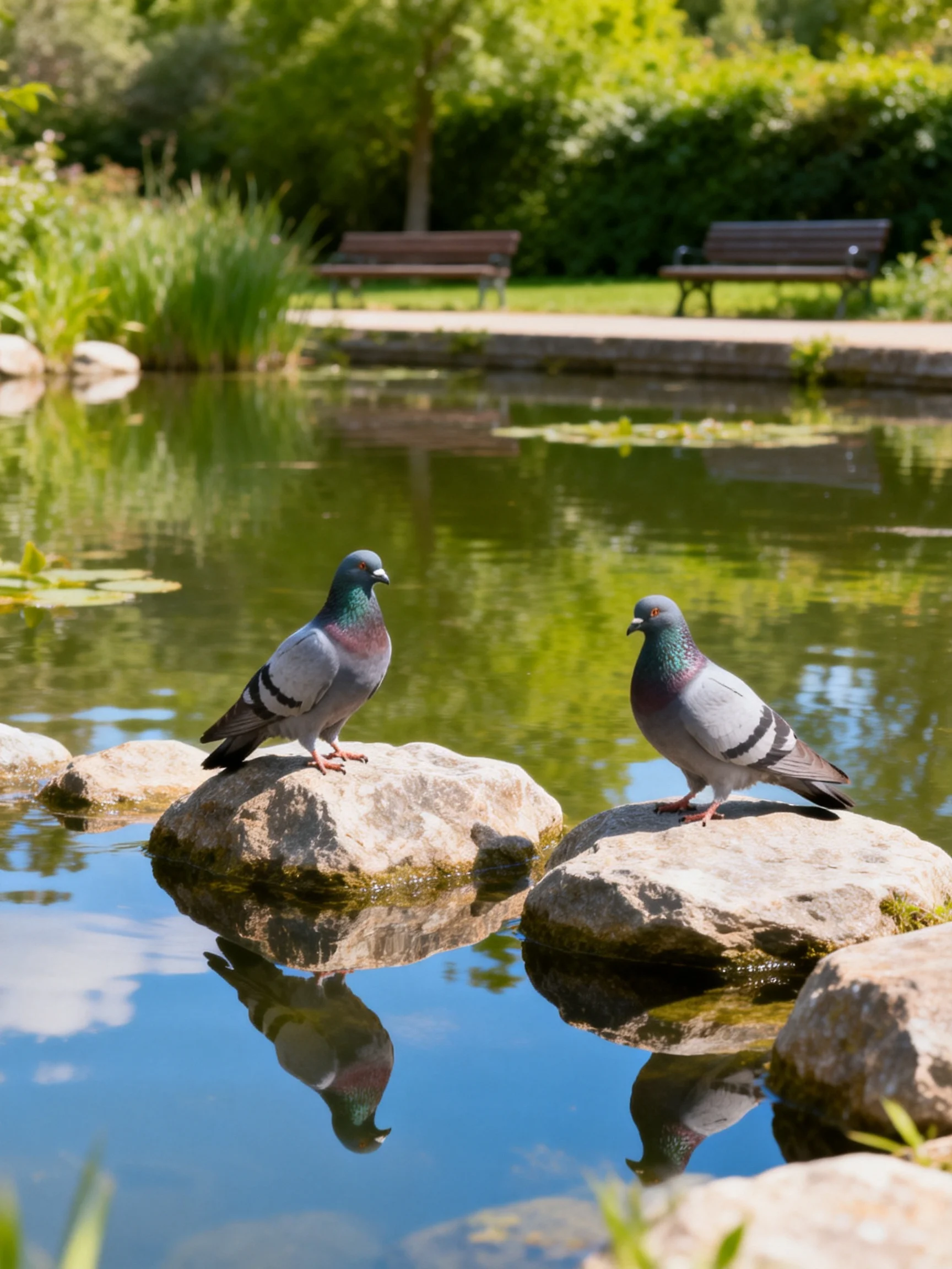 Two pigeons perch on rocks near a calm pond with park benches