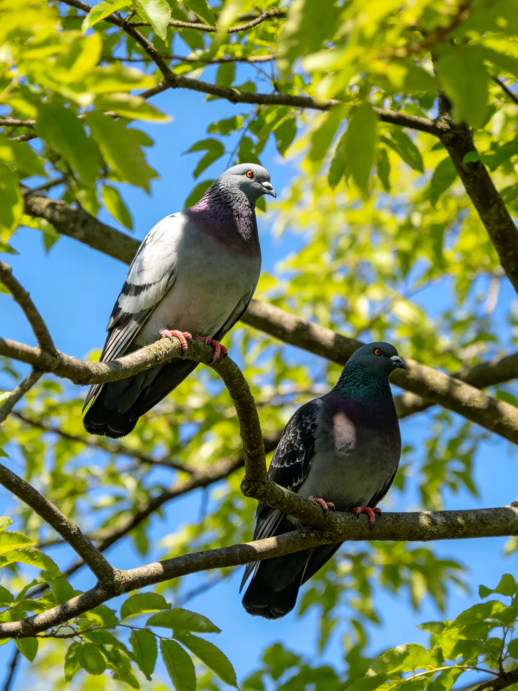 Two pigeons perch on tree branches amid lush green foliage