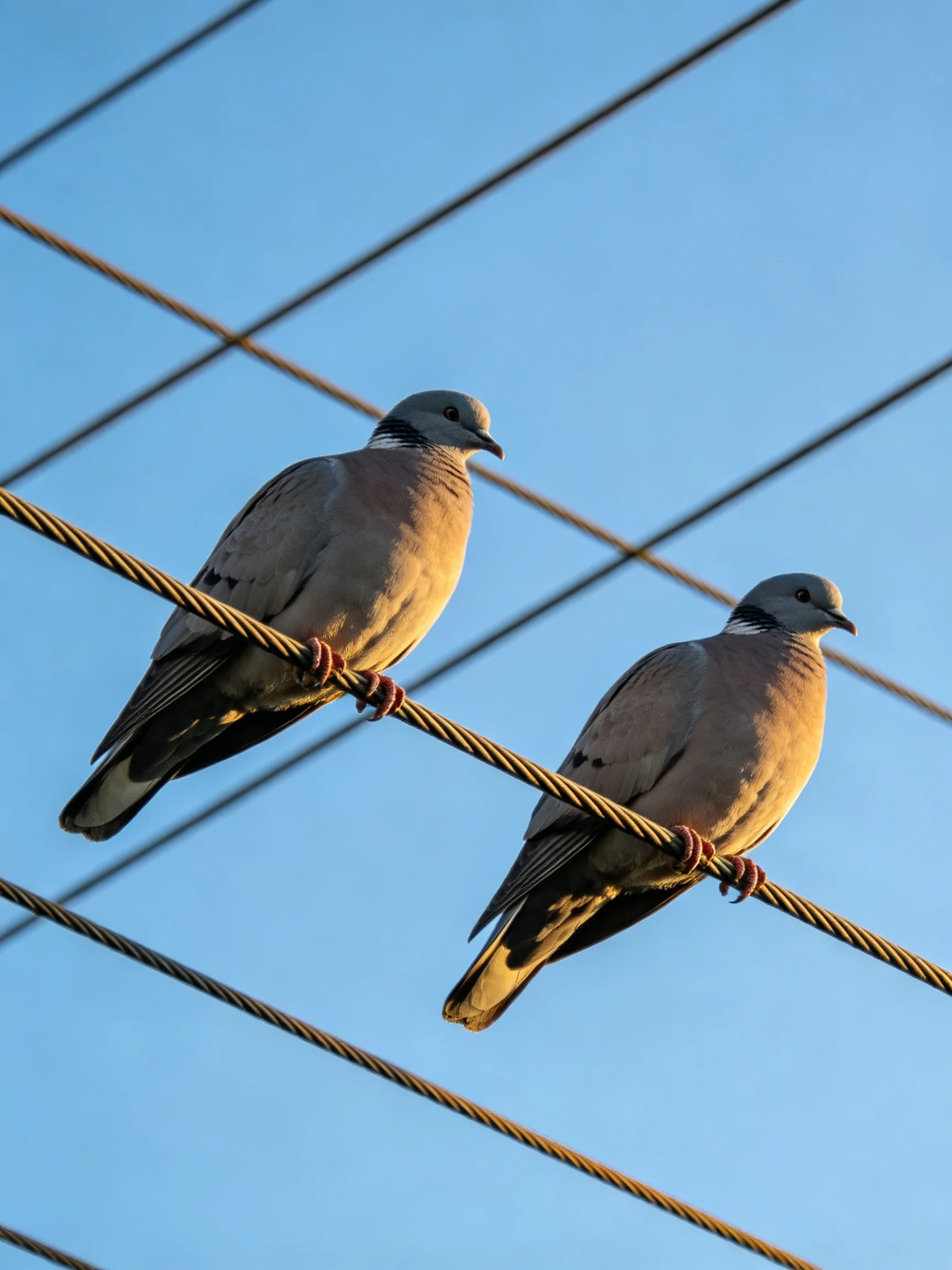 Two pigeons perch on twisted wires against a clear blue sky