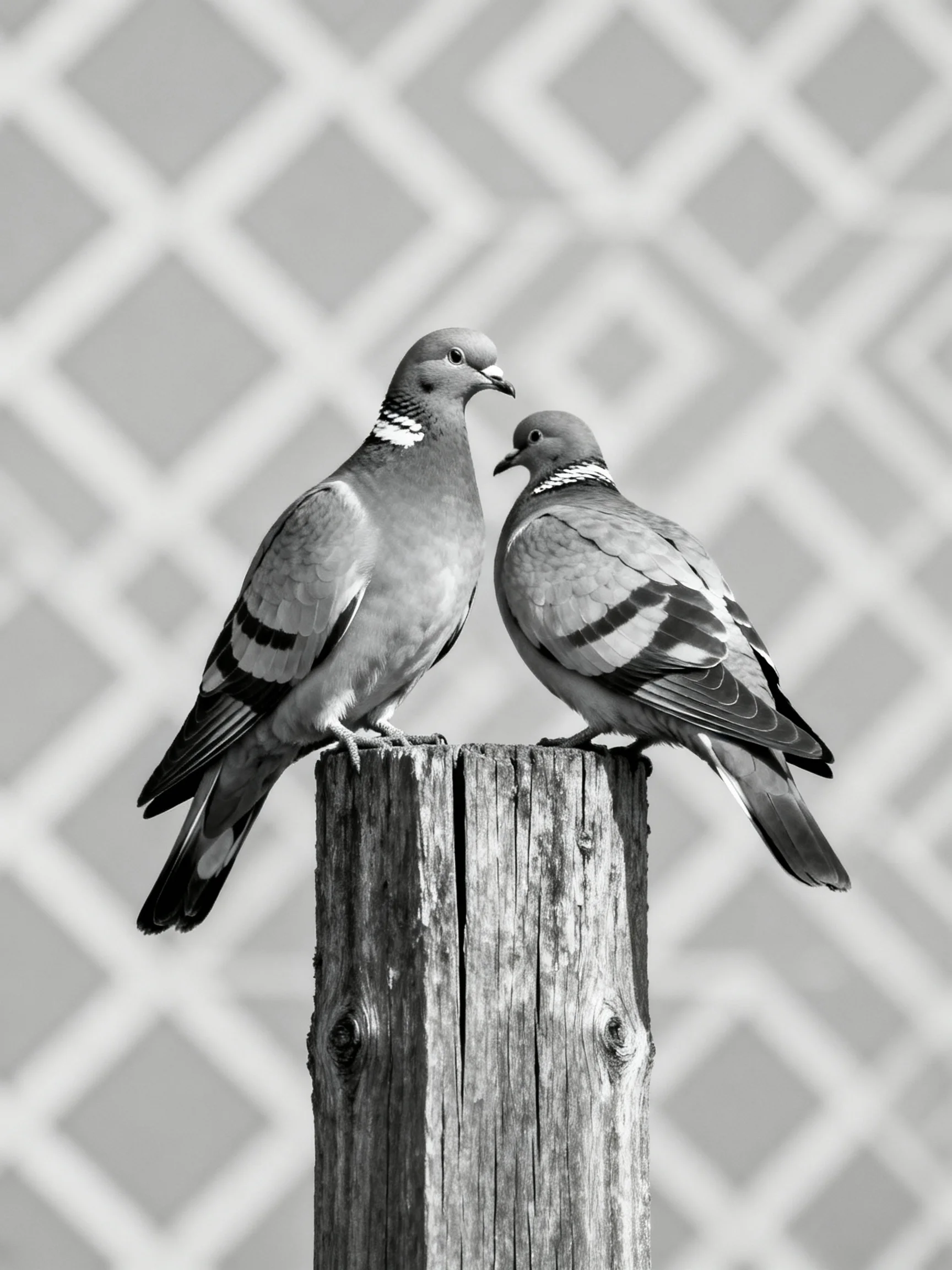 Two pigeons sit closely together on a wooden post beside a patterned fence.