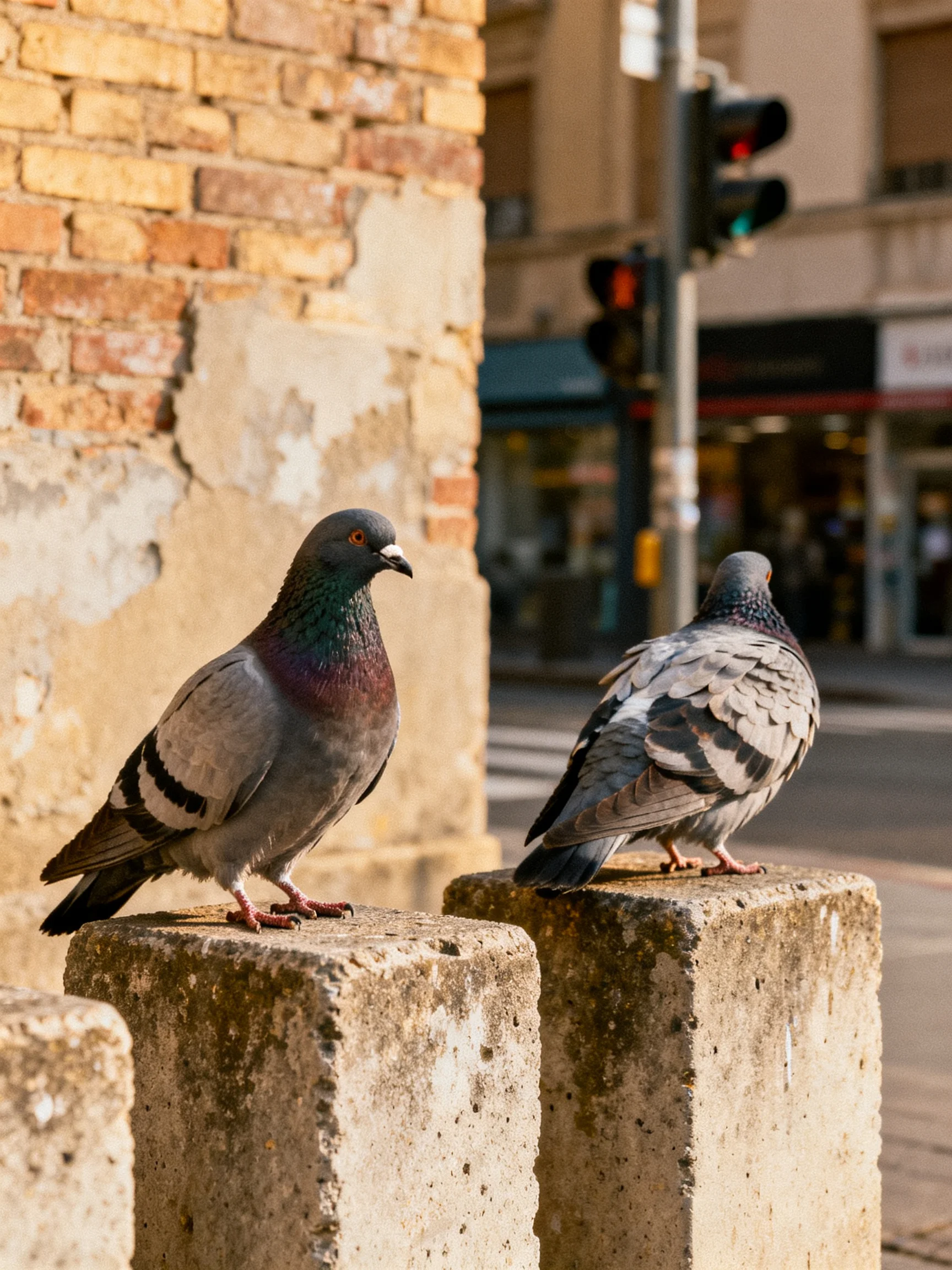 Two pigeons rest atop weathered concrete posts beside a worn brick wall