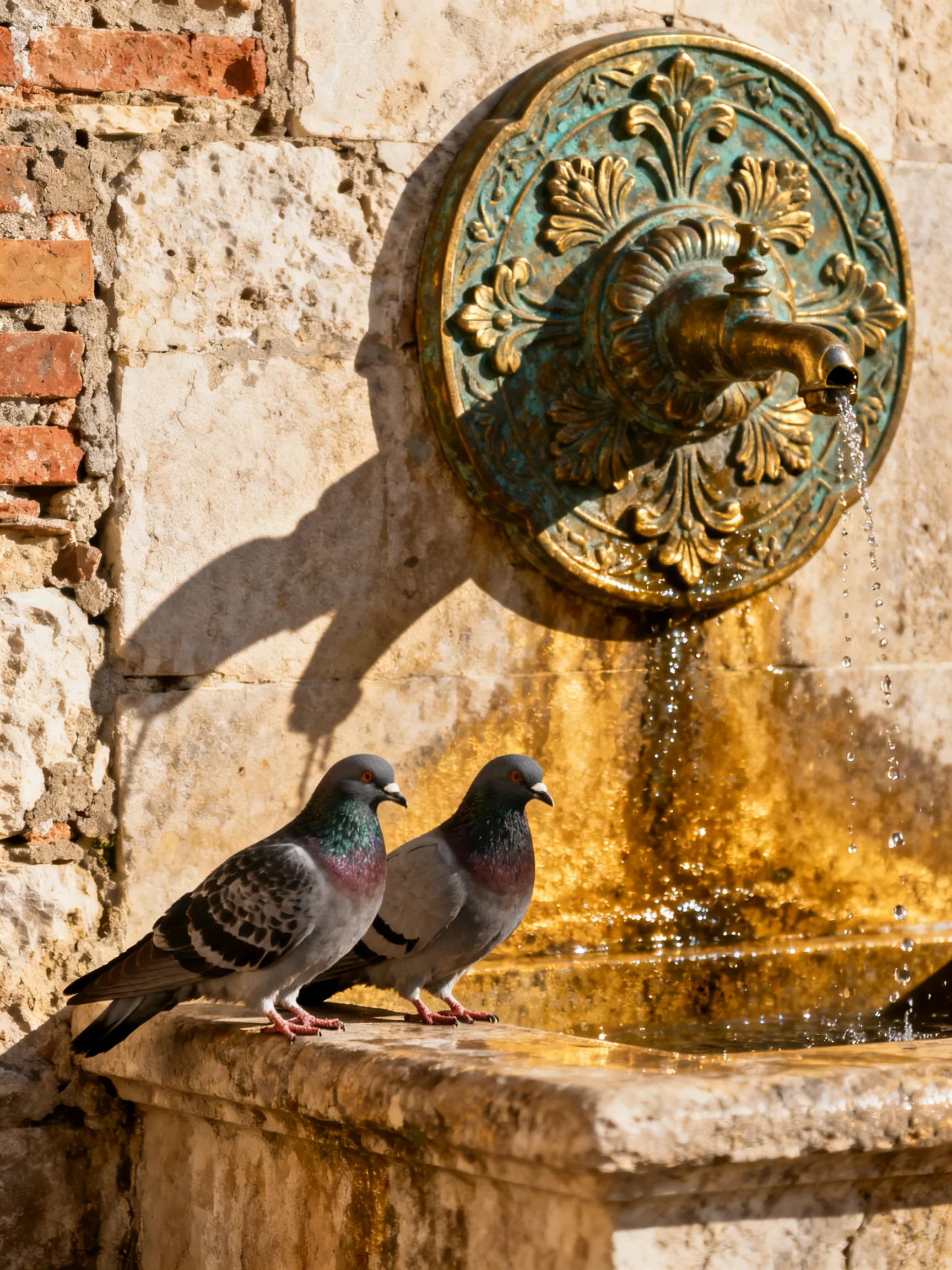 Two pigeons rest beside an ornate turquoise fountain with golden accents