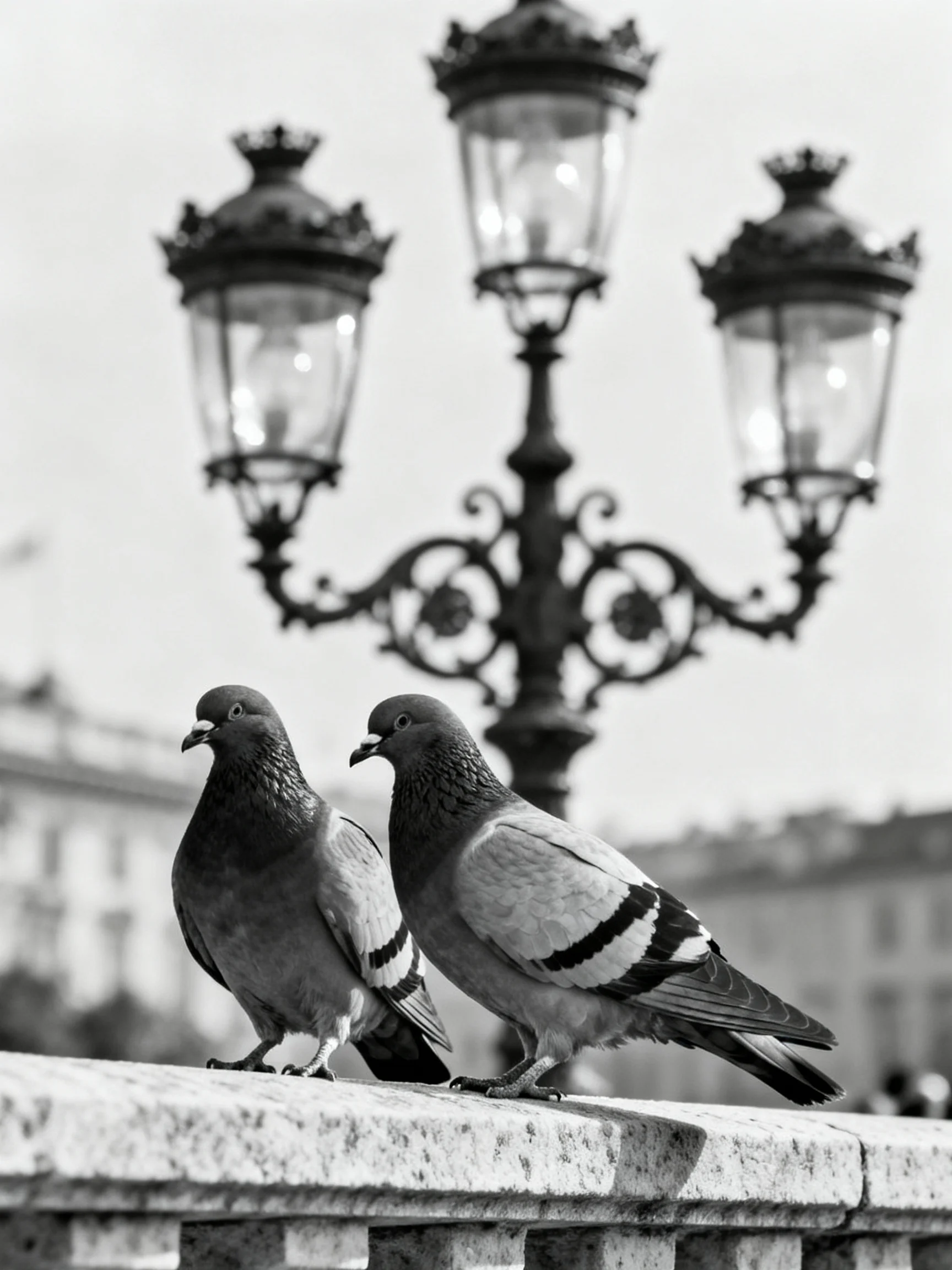 Two pigeons rest near an ornate multi-lamp street fixture