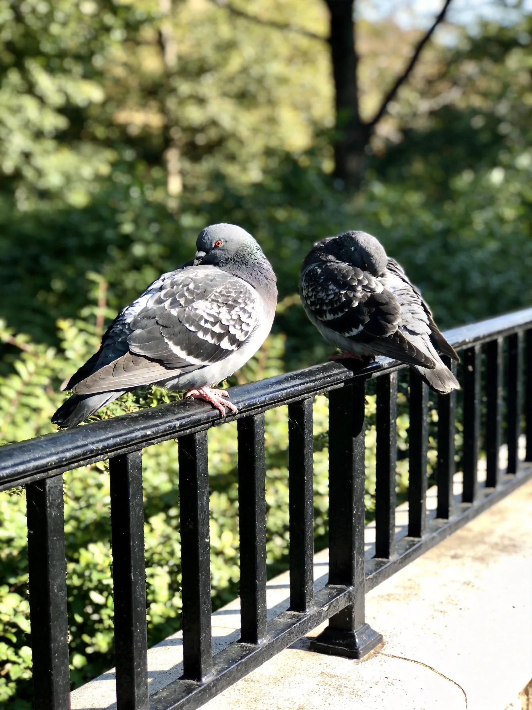 Two pigeons rest on a black railing amid lush greenery