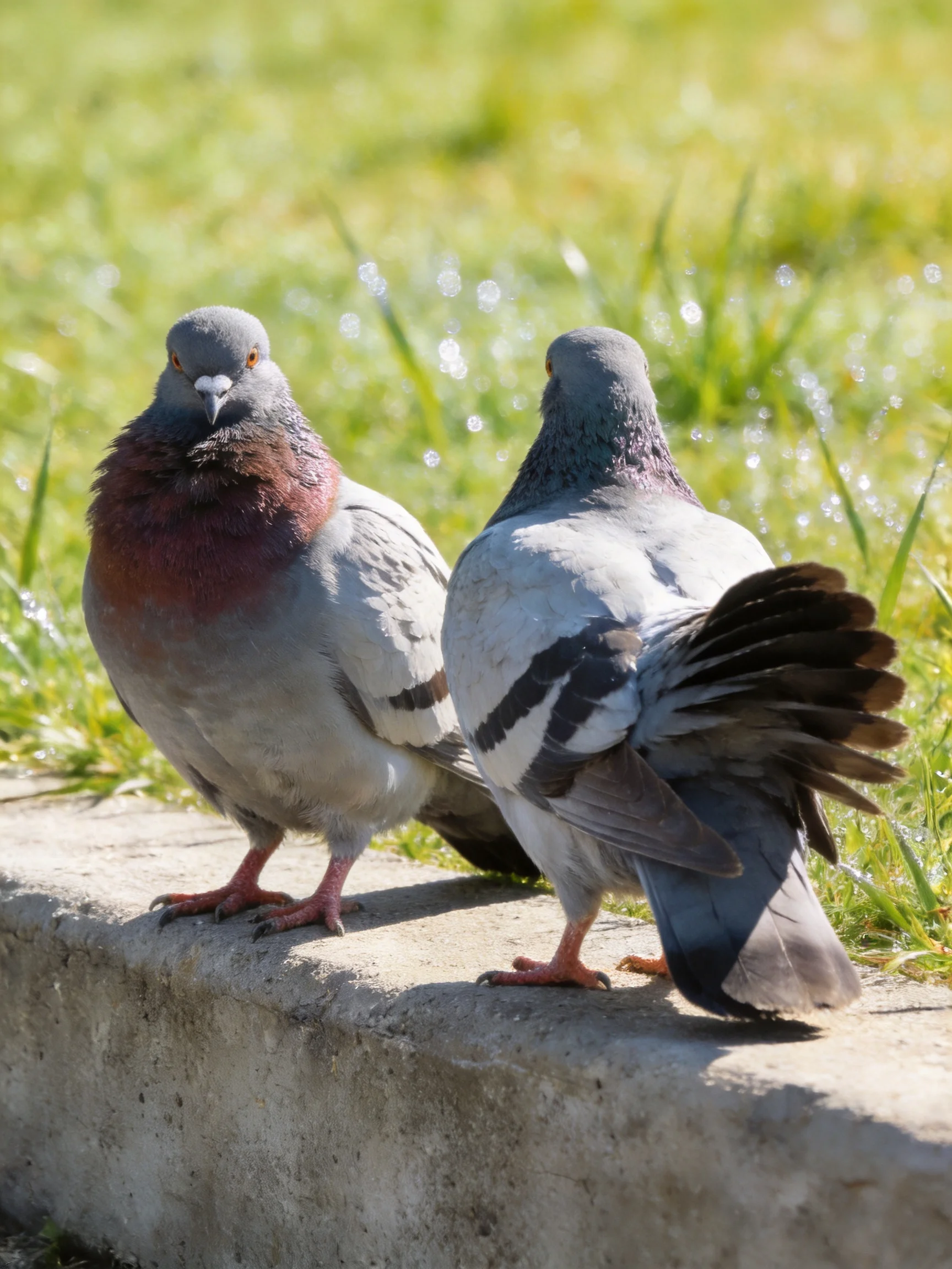 Two pigeons rest on a concrete ledge beside lush green grass