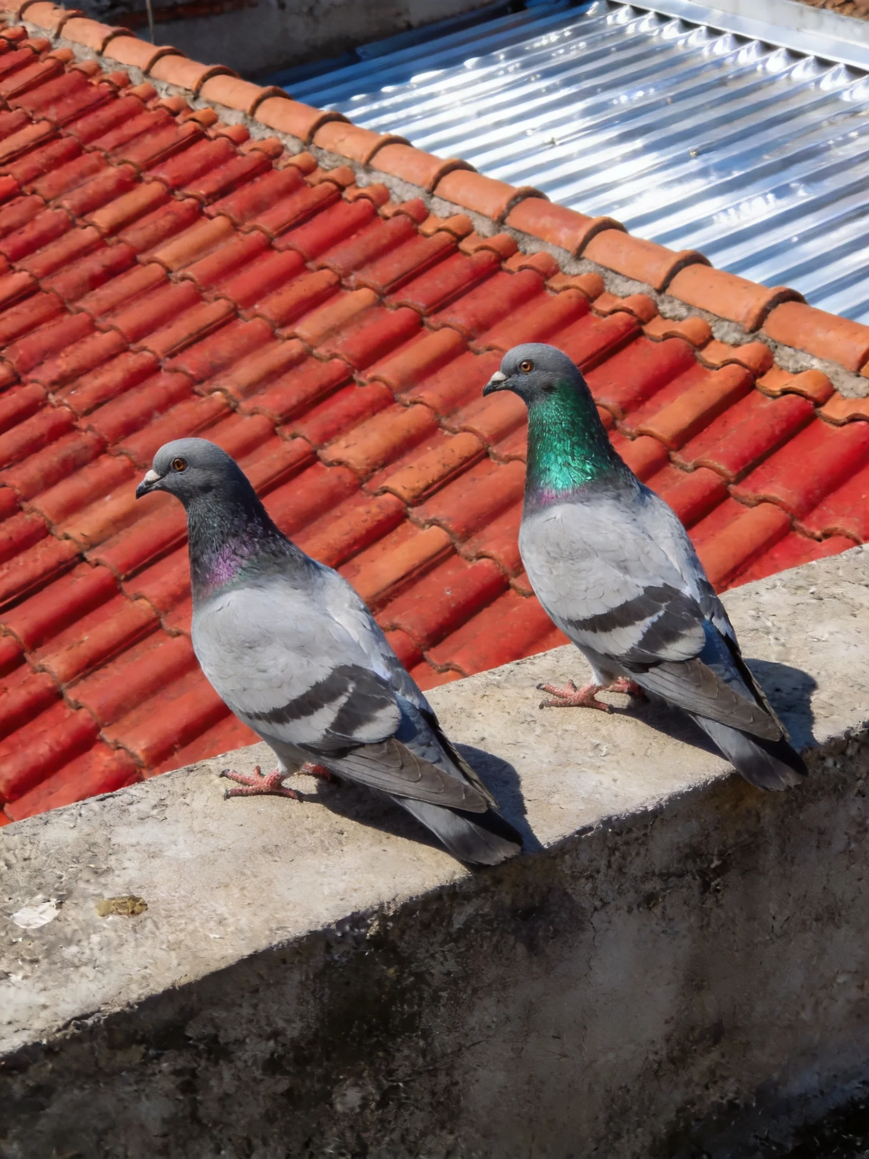 Two pigeons rest on a concrete ledge near red tile roofs