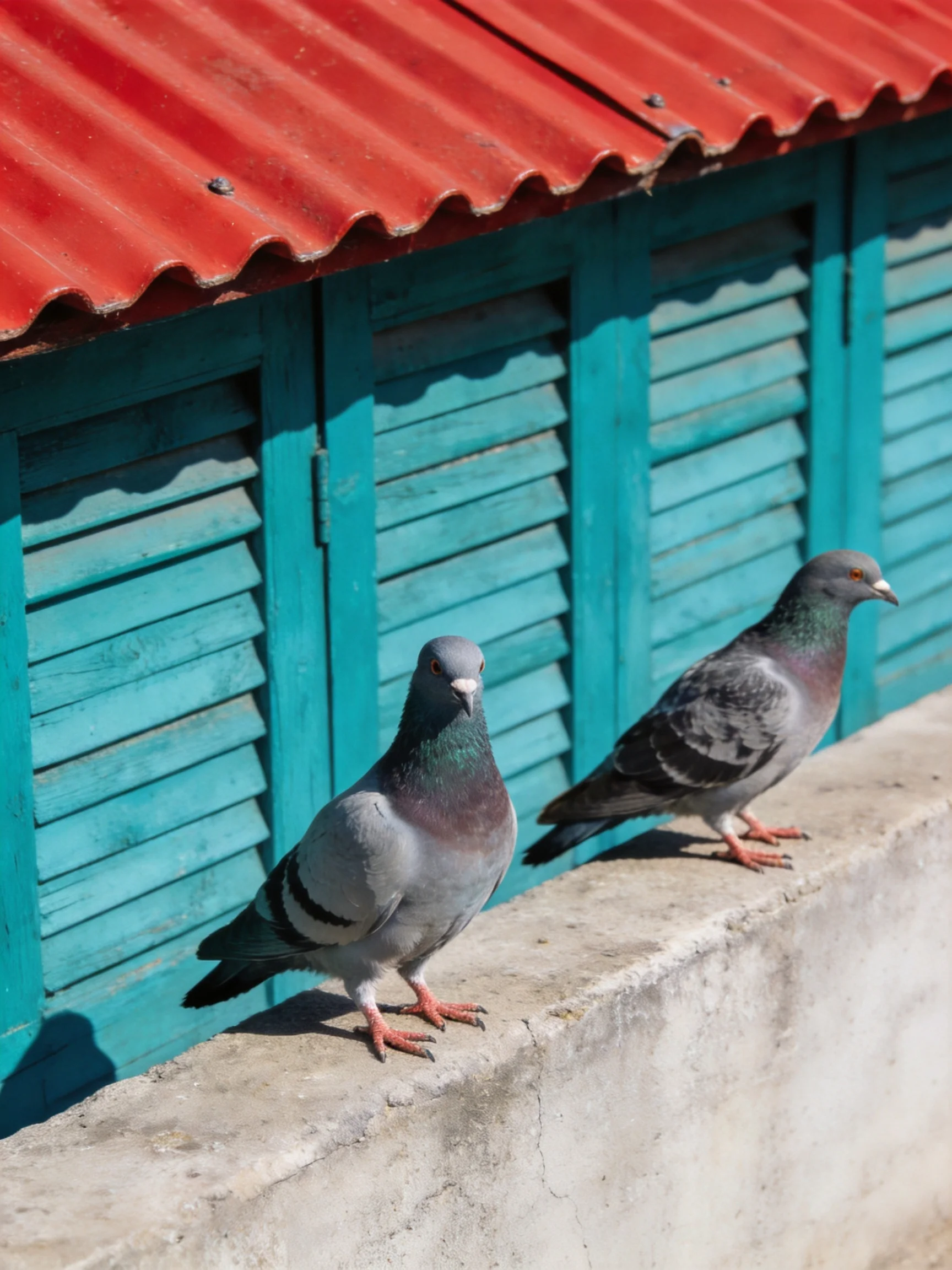 Two pigeons rest on a concrete ledge near turquoise shutters and a red corrugated roof