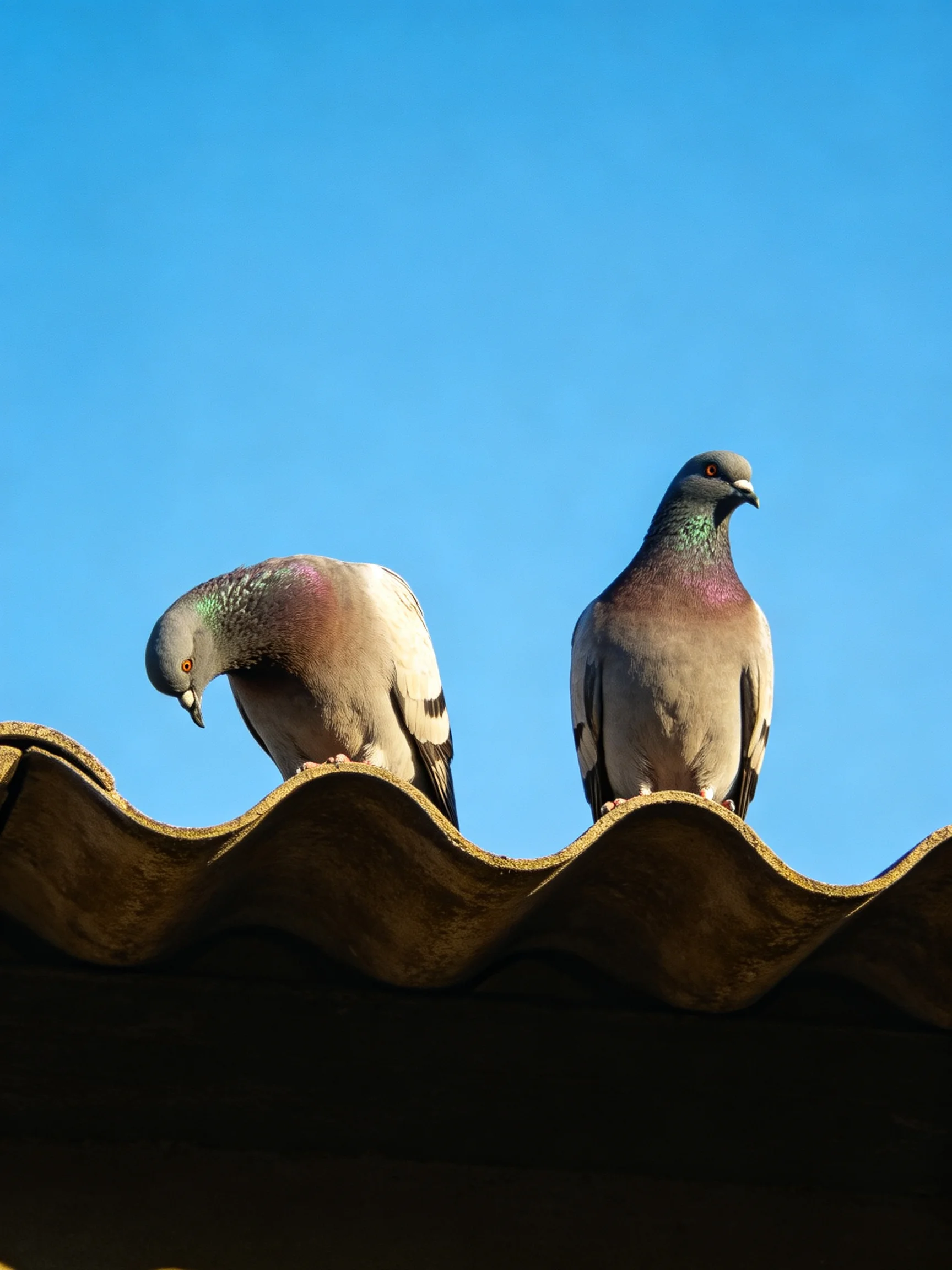 Two pigeons rest on a corrugated roof beneath clear blue sky