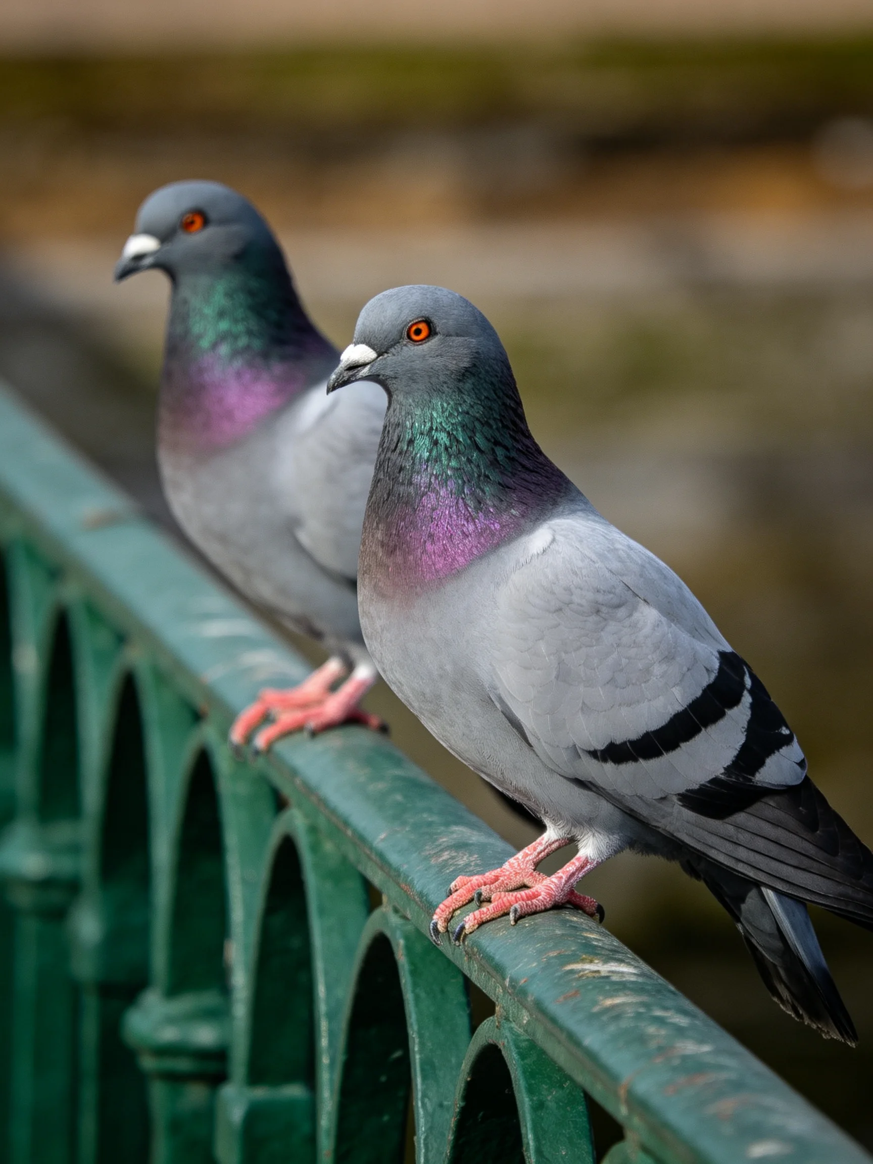 Two pigeons rest on a green metal railing with iridescent plumage