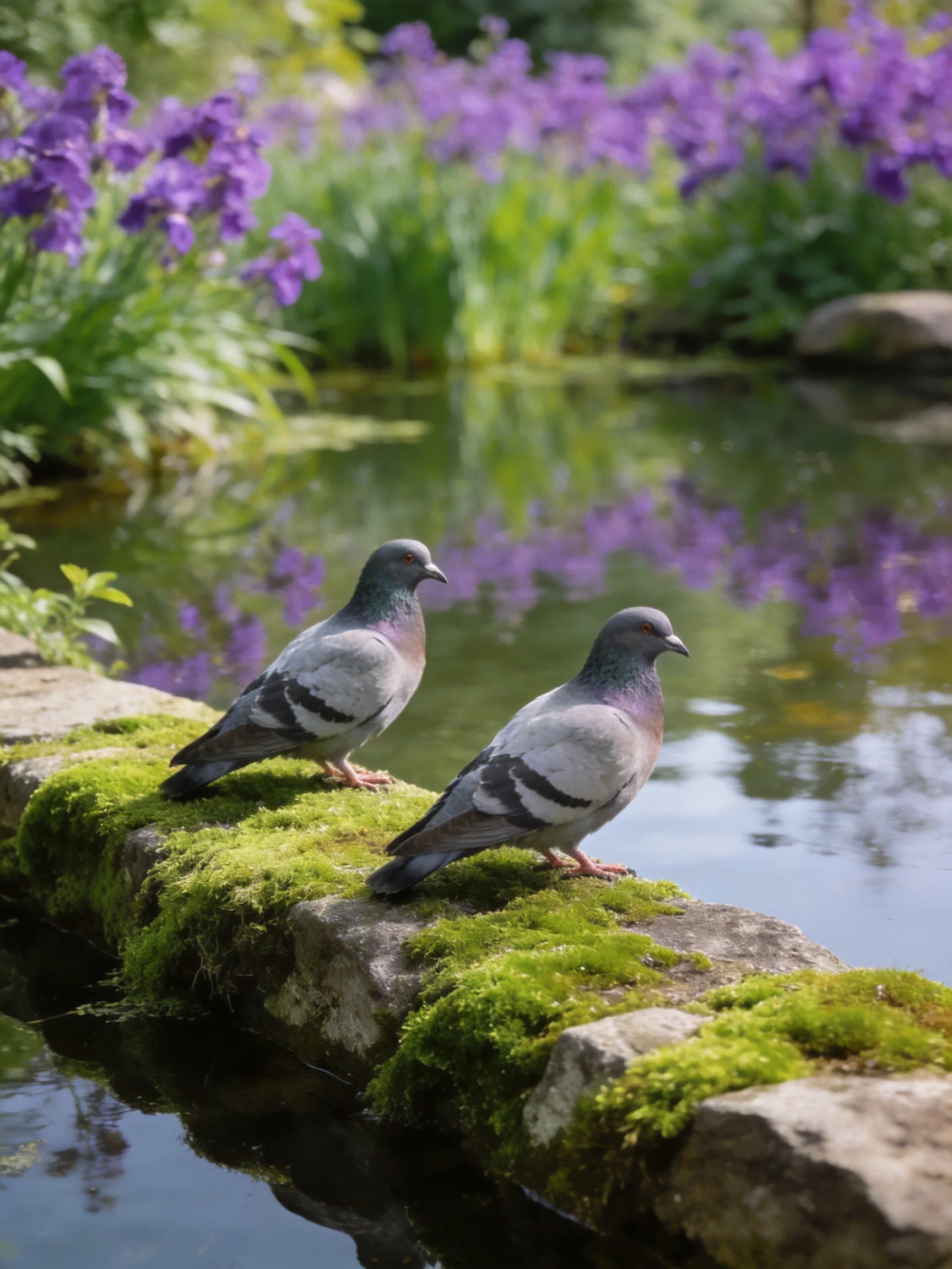 Two pigeons rest on a moss-covered stone near vibrant purple flowers