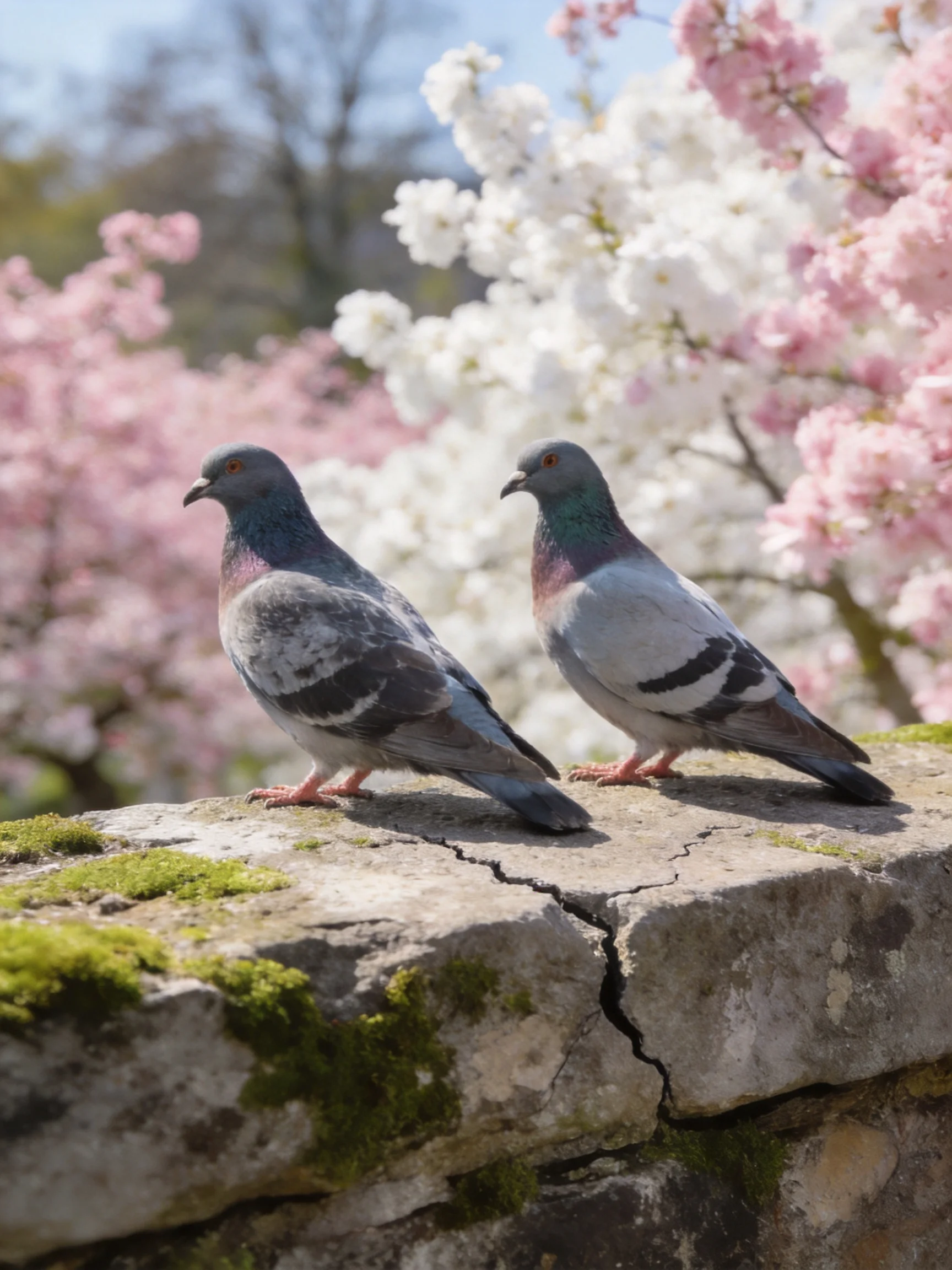 Two pigeons rest on a mossy stone ledge amid pink and white blossoms