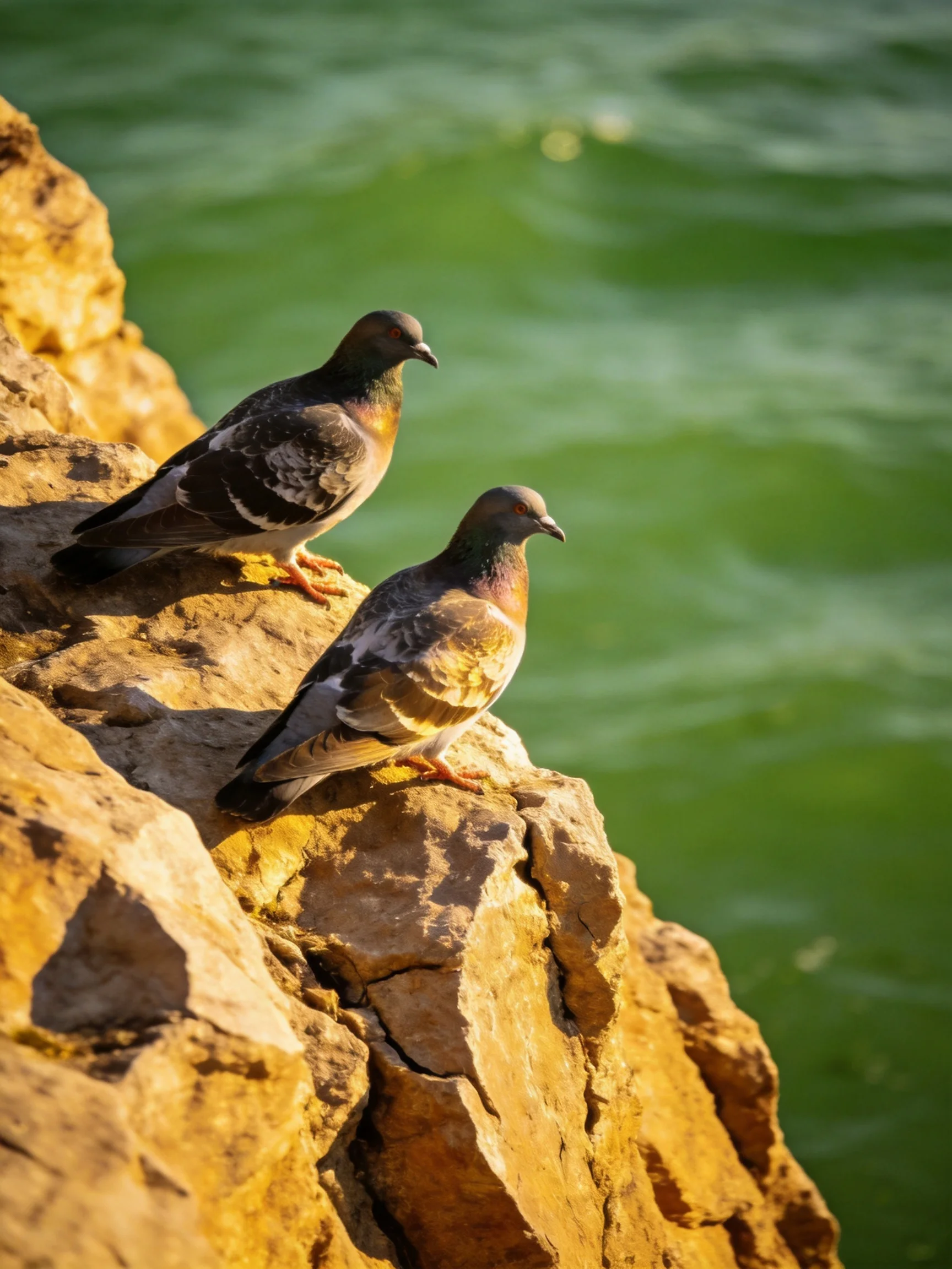 Two pigeons rest on a rugged brown cliff by green water