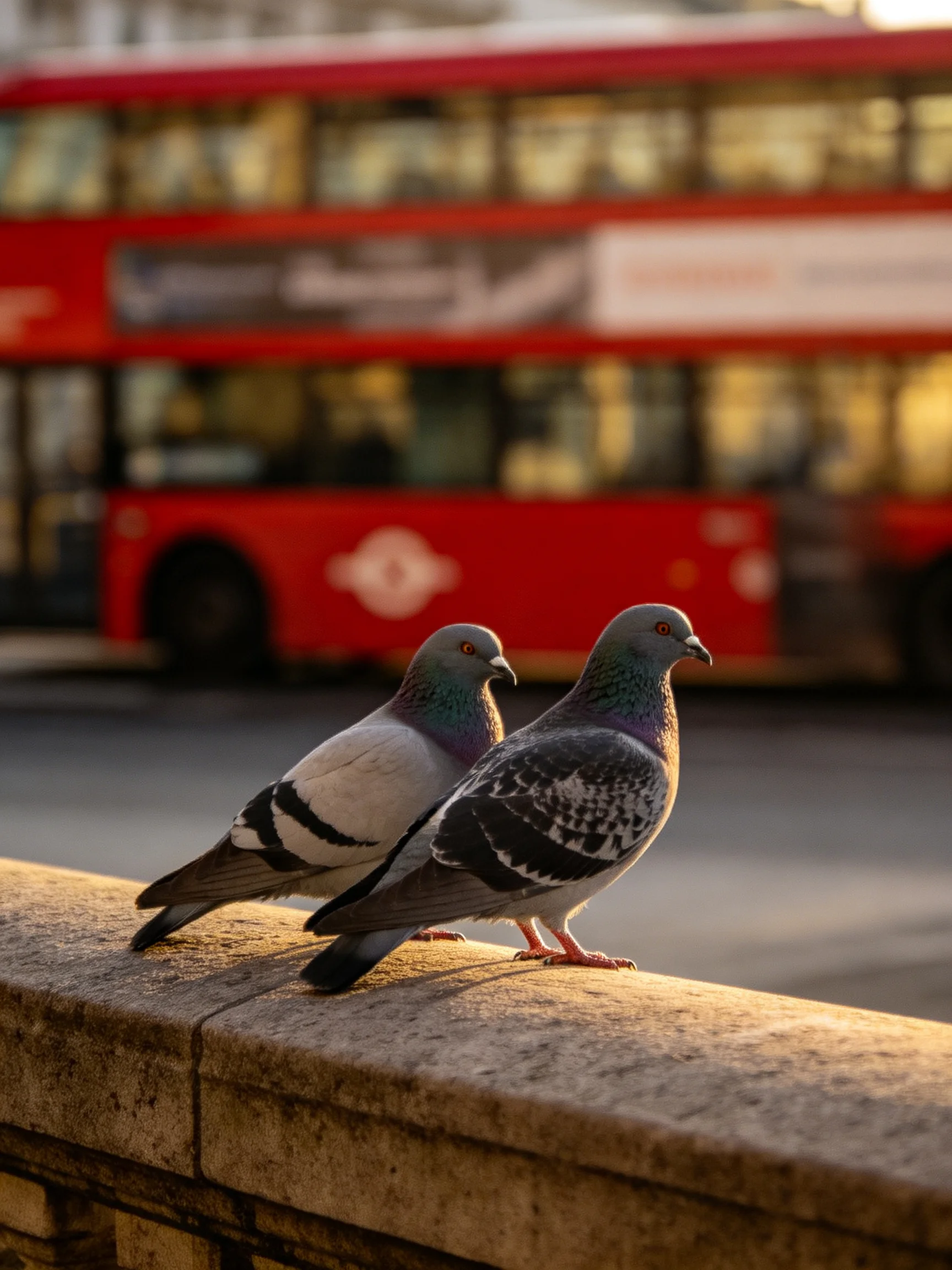 Two pigeons rest on a stone ledge near a red double-decker bus