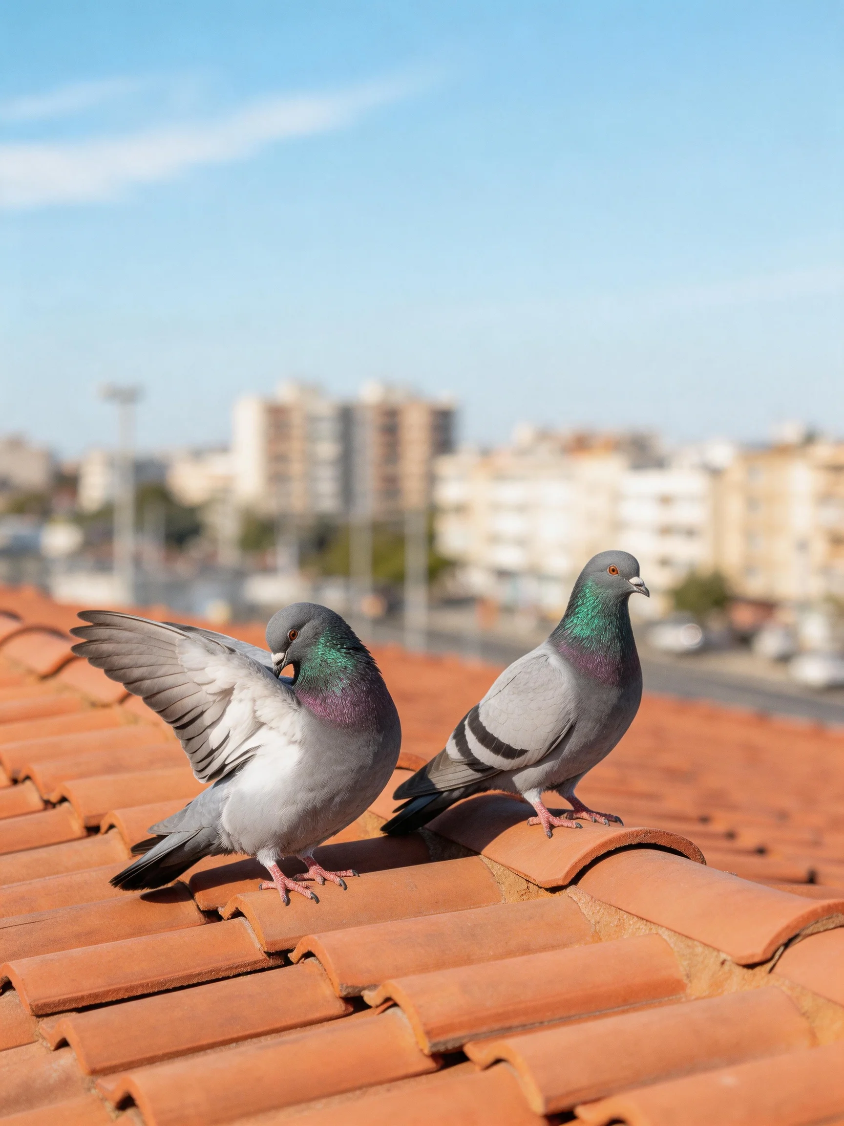 Two pigeons rest on a terracotta - tiled rooftop near urban buildings
