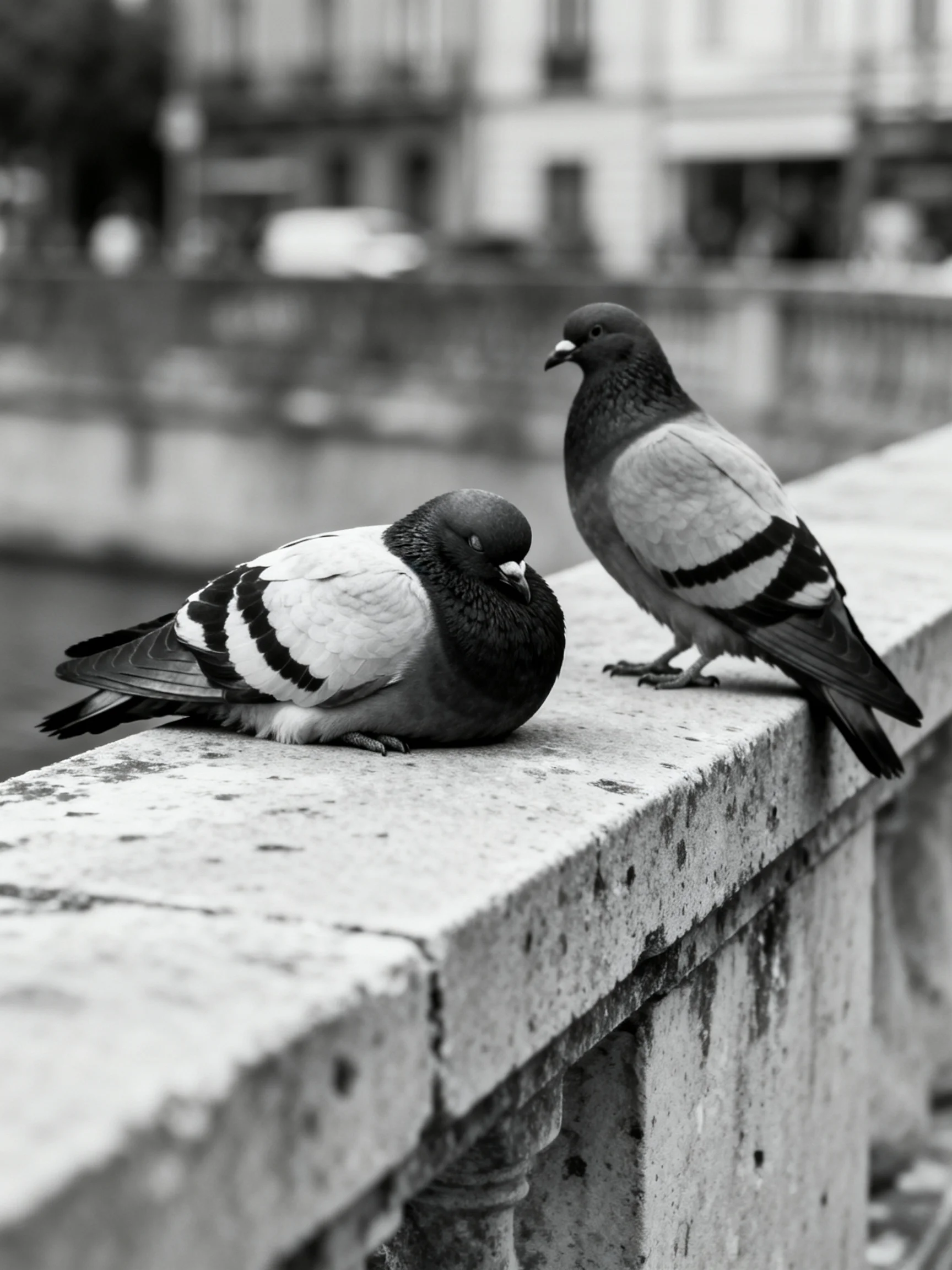 Two pigeons rest on a weathered concrete ledge by water