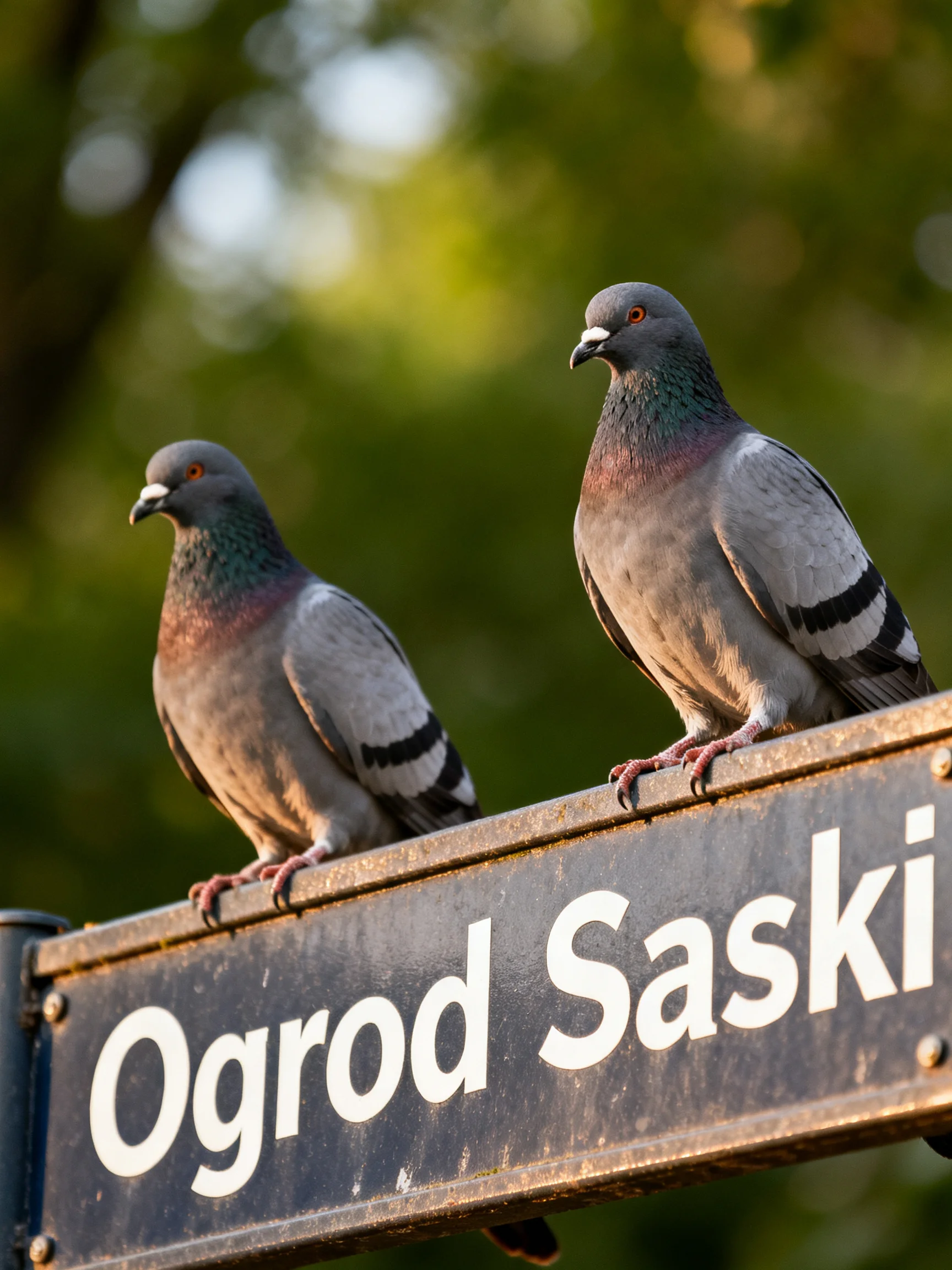 Two pigeons rest on a weathered sign labeled Ogrod Saski among greenery.