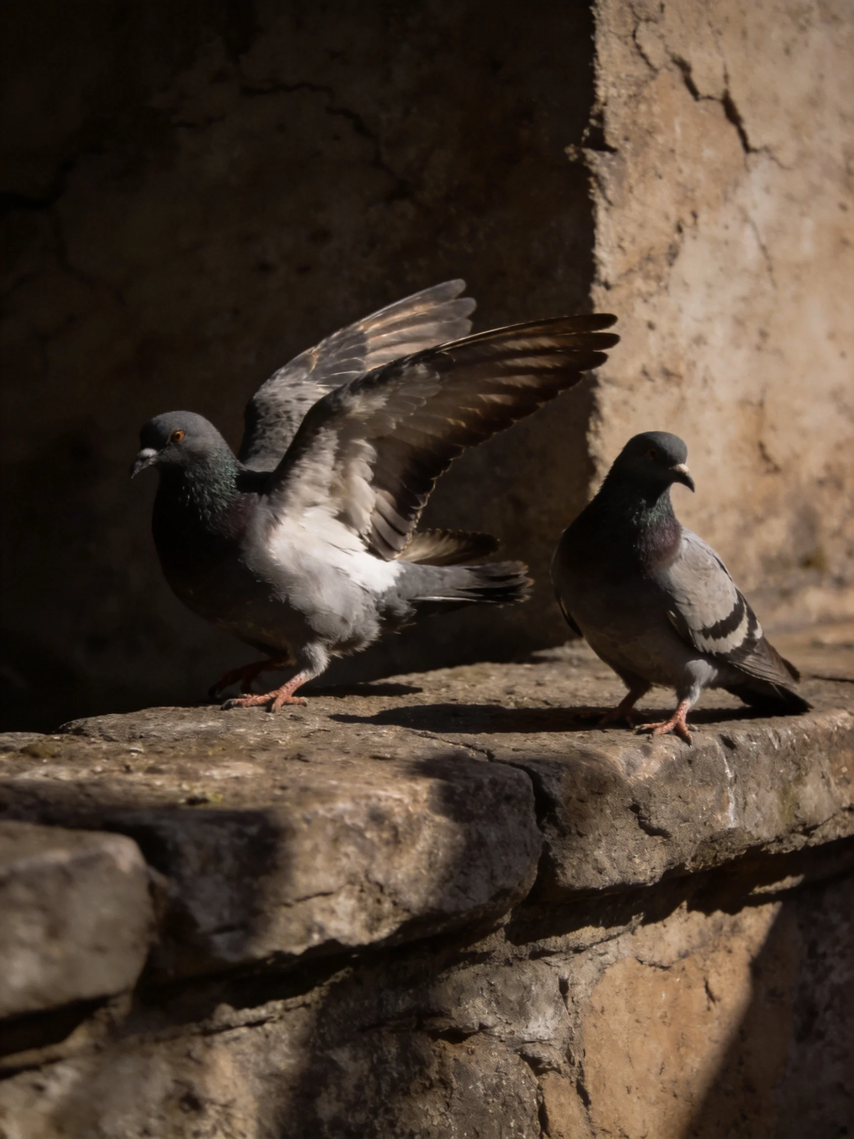 Two pigeons rest on a weathered stone ledge, one spreading wings
