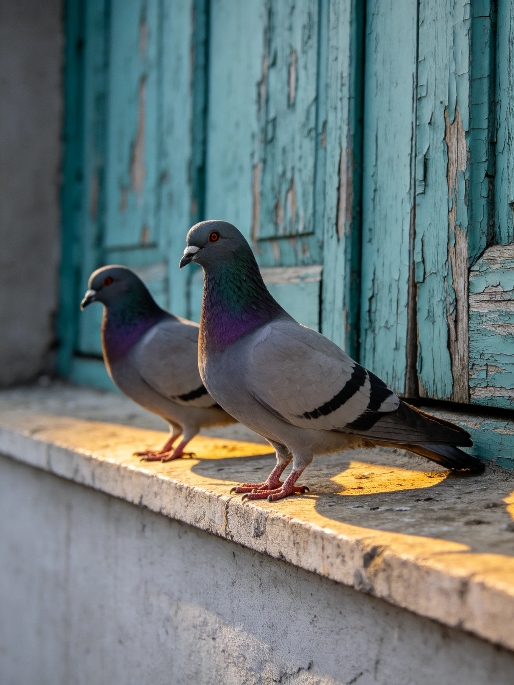 Two pigeons rest on a weathered window ledge beside peeling turquoise shutters