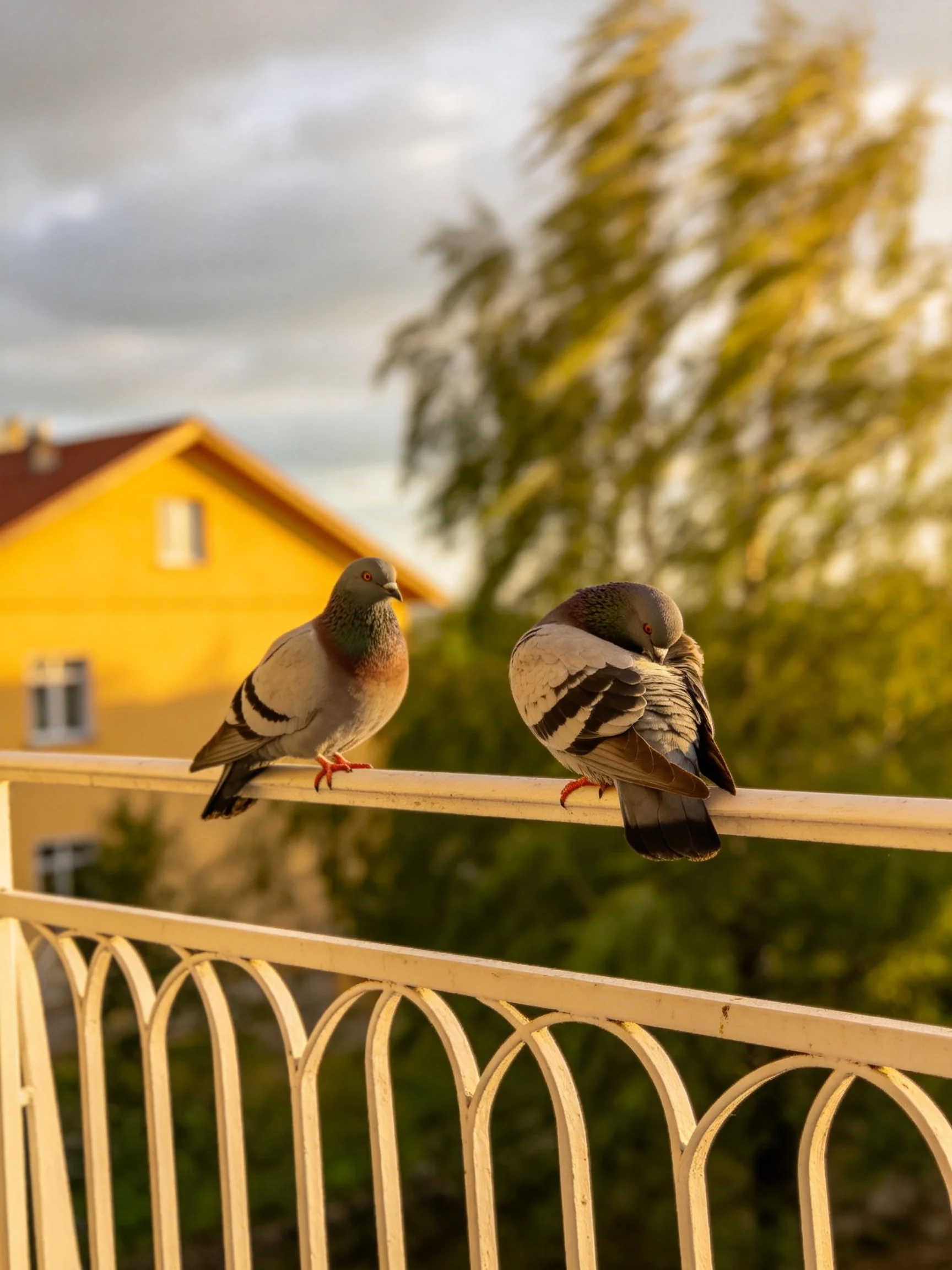 Two pigeons rest on a white railing near a yellow house
