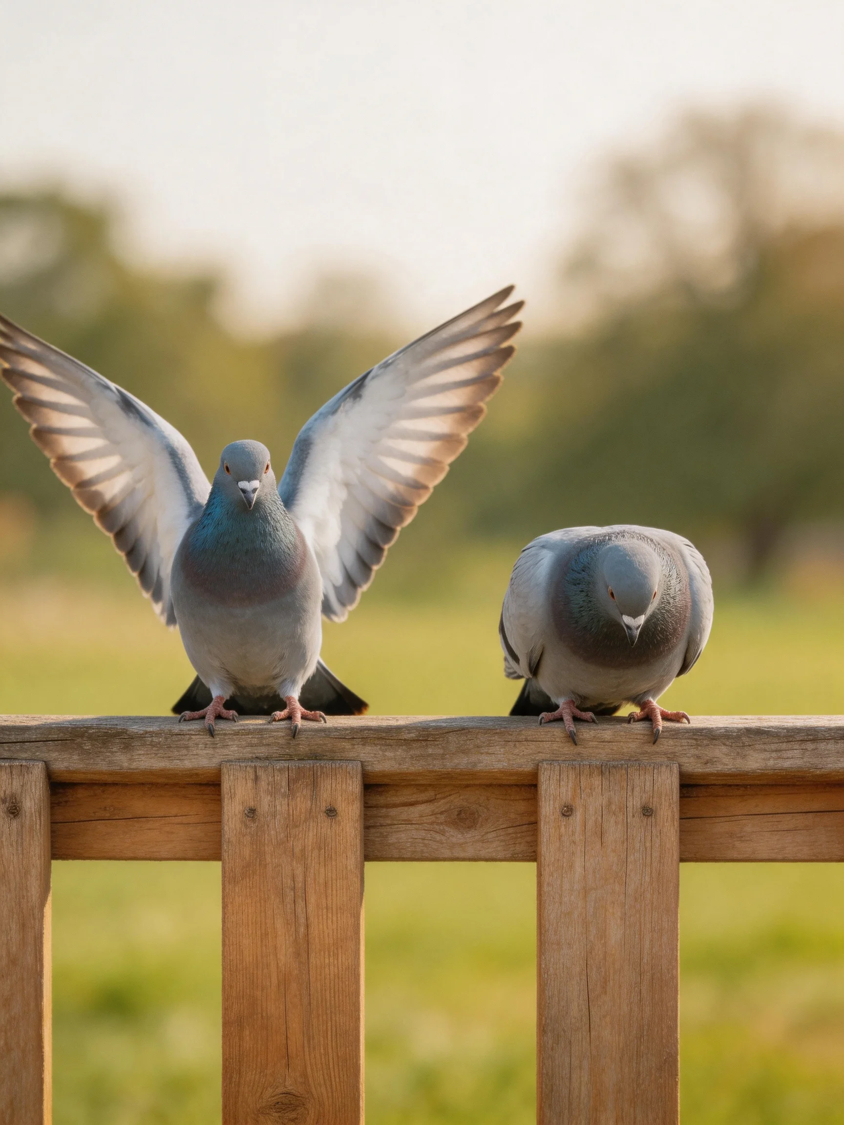 Two pigeons rest on a wooden fence—one flaps wings, the other bows down.