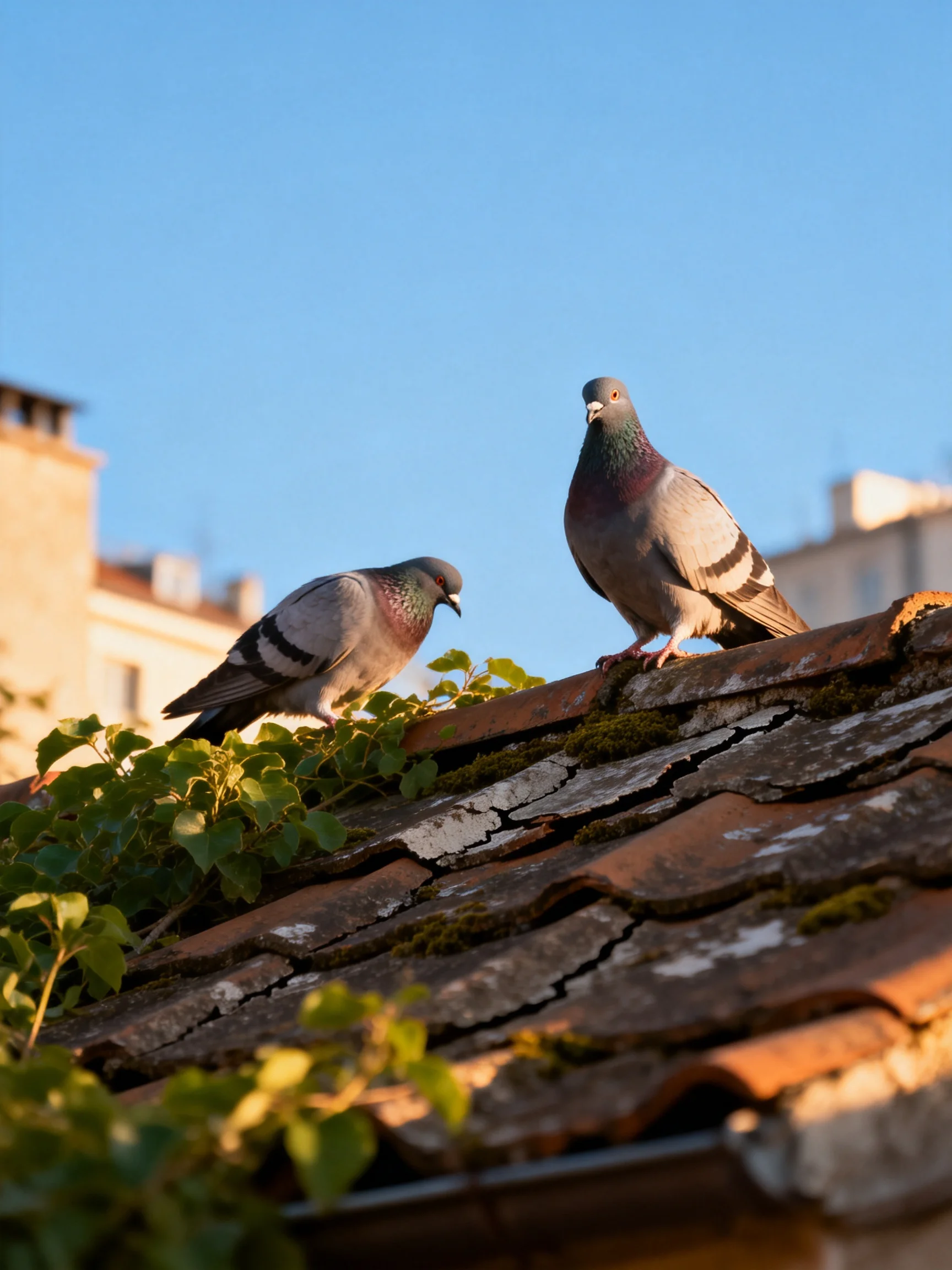 Two pigeons rest on an aged tiled roof with greenery