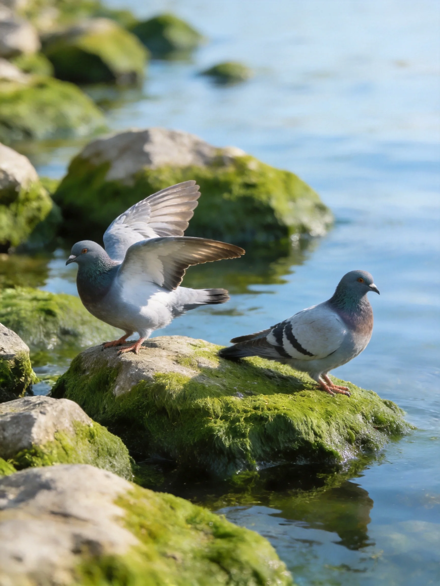 Two pigeons rest on mossy rocks near calm blue water