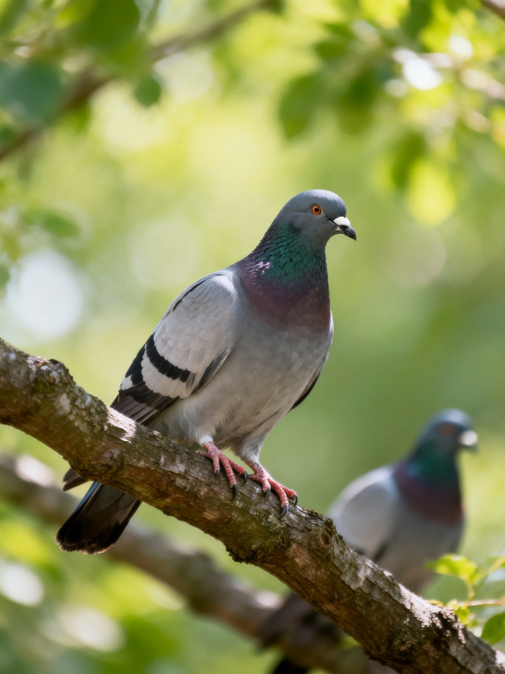 Two pigeons rest on tree branches; a gray pigeon is prominent