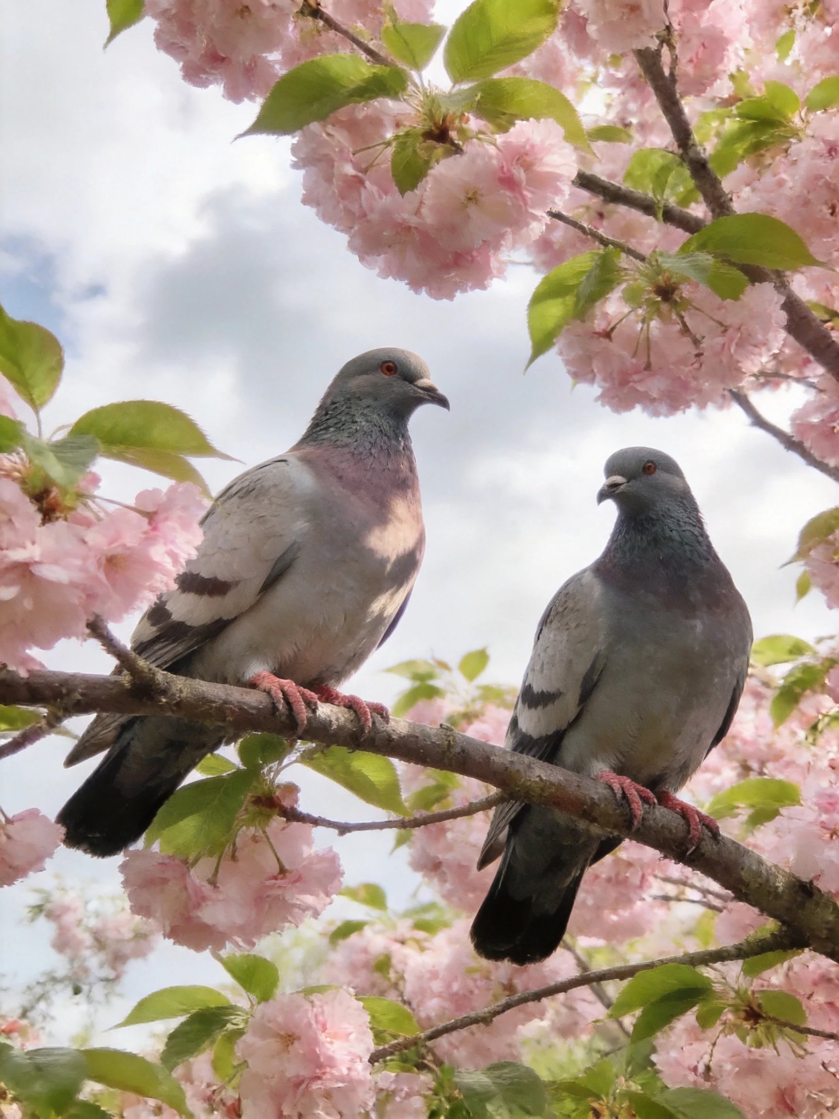 Two pigeons sit among pink cherry blossoms on a branch
