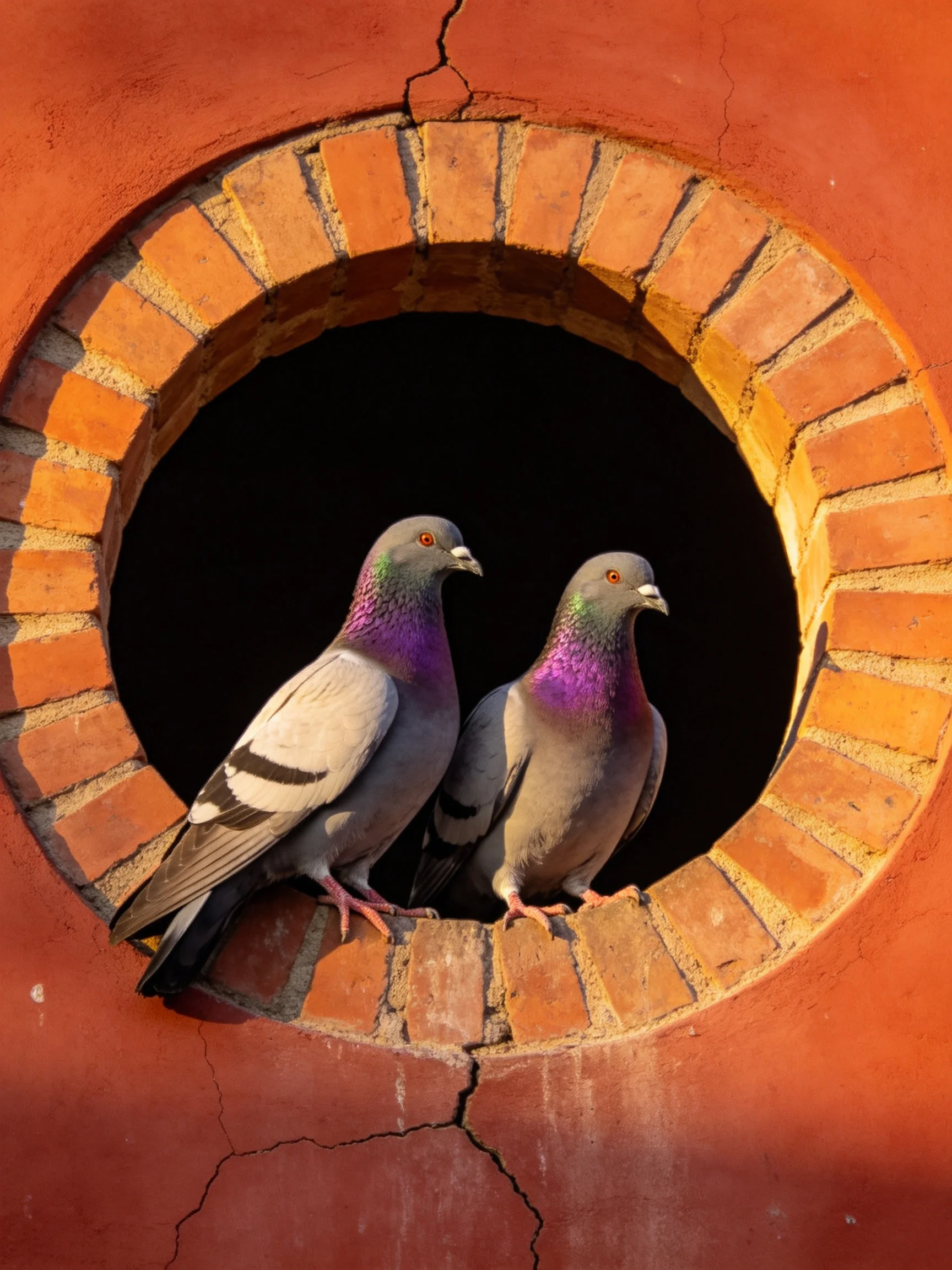 Two pigeons sit by a circular brick window with warm-toned walls