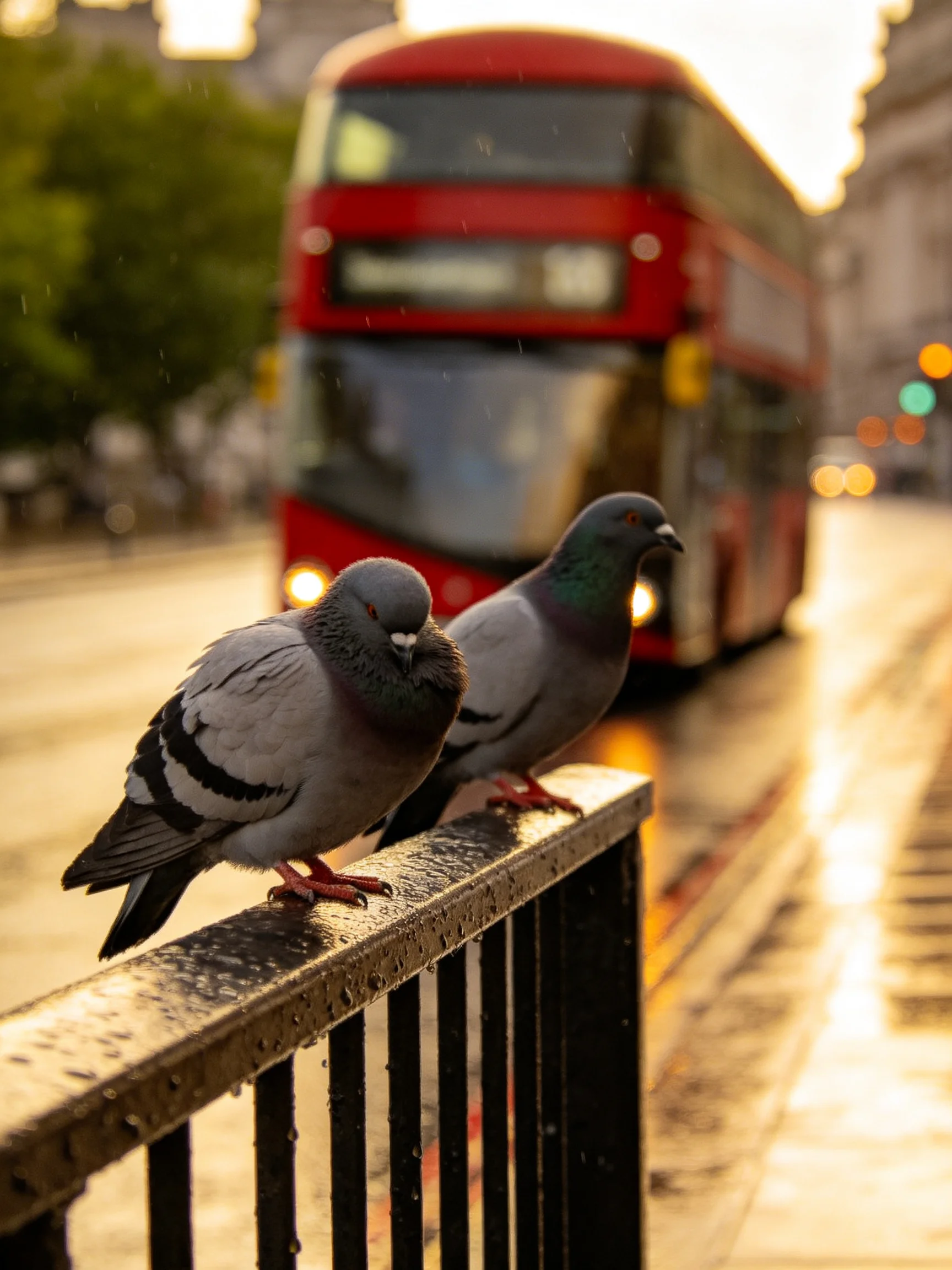 Two pigeons sit by a red double-decker bus on a rainy street