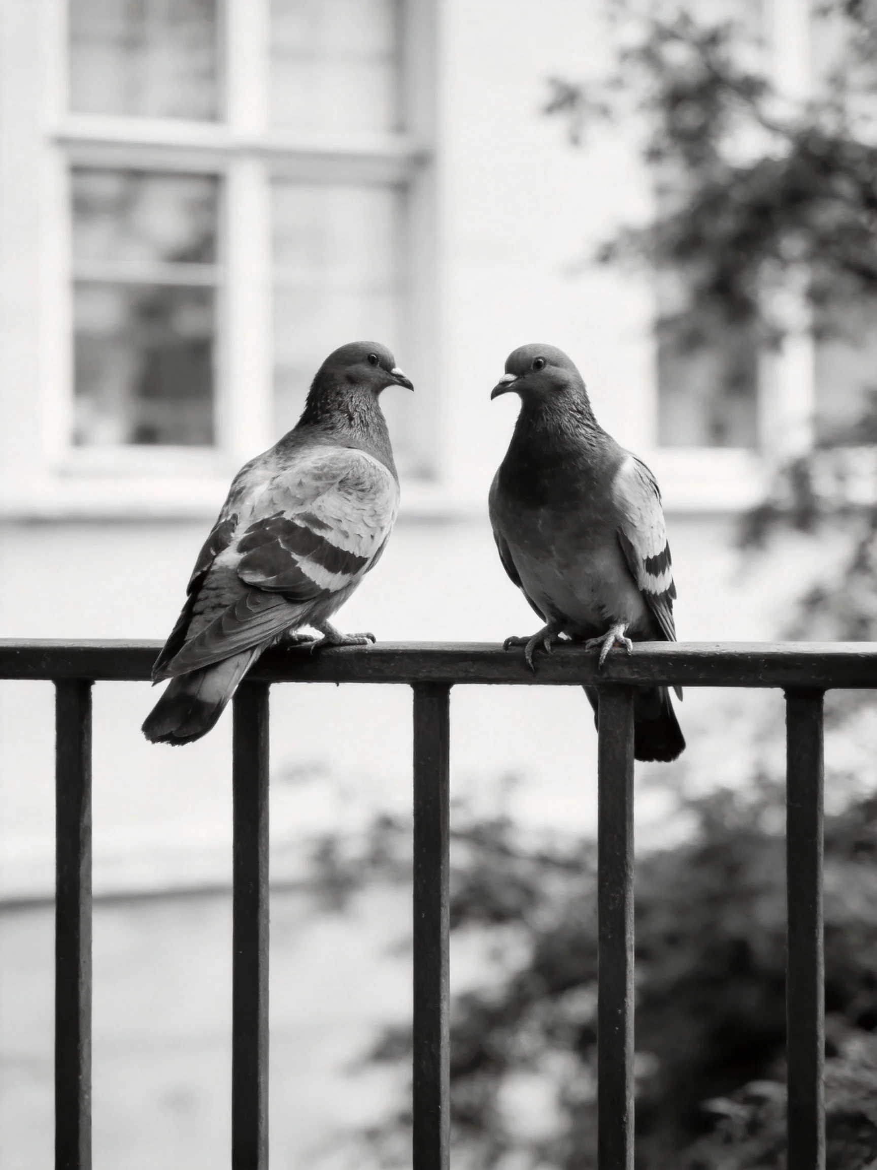 Two pigeons sit on a dark metal railing in a monochrome setting