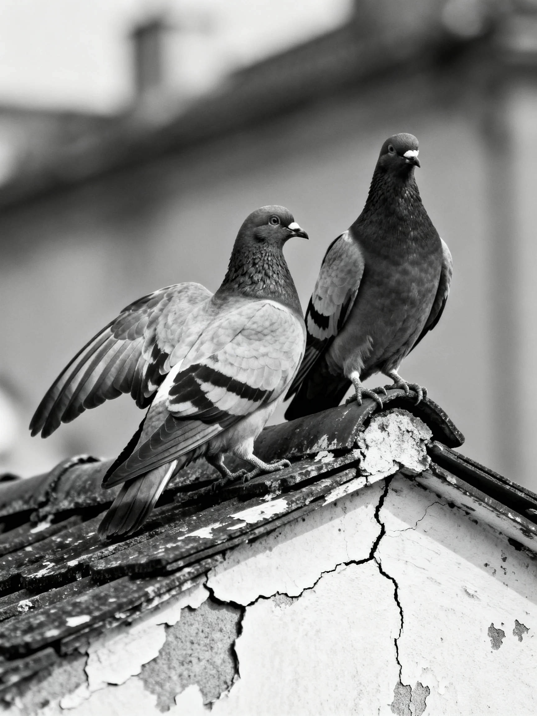 Two pigeons sit on a deteriorated, cracked rooftop in black and white