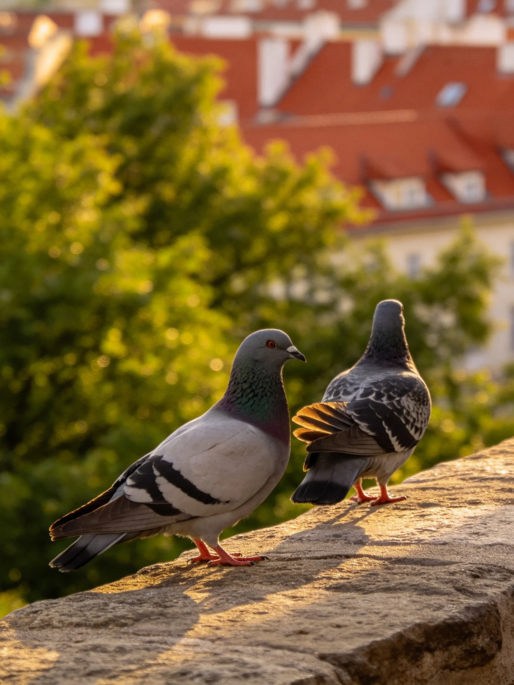 Two pigeons sit on a stone ledge beside red-roofed buildings