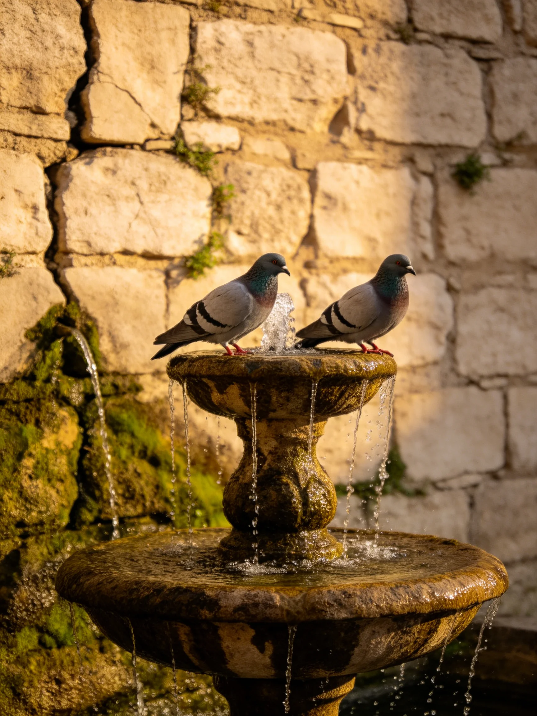 Two pigeons sit on a weathered stone fountain against an ancient stone wall