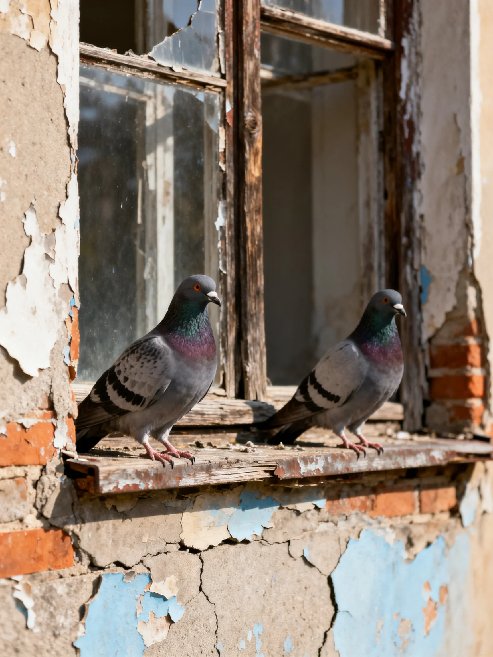 Two pigeons sit on an aged, peeling window sill with exposed bricks