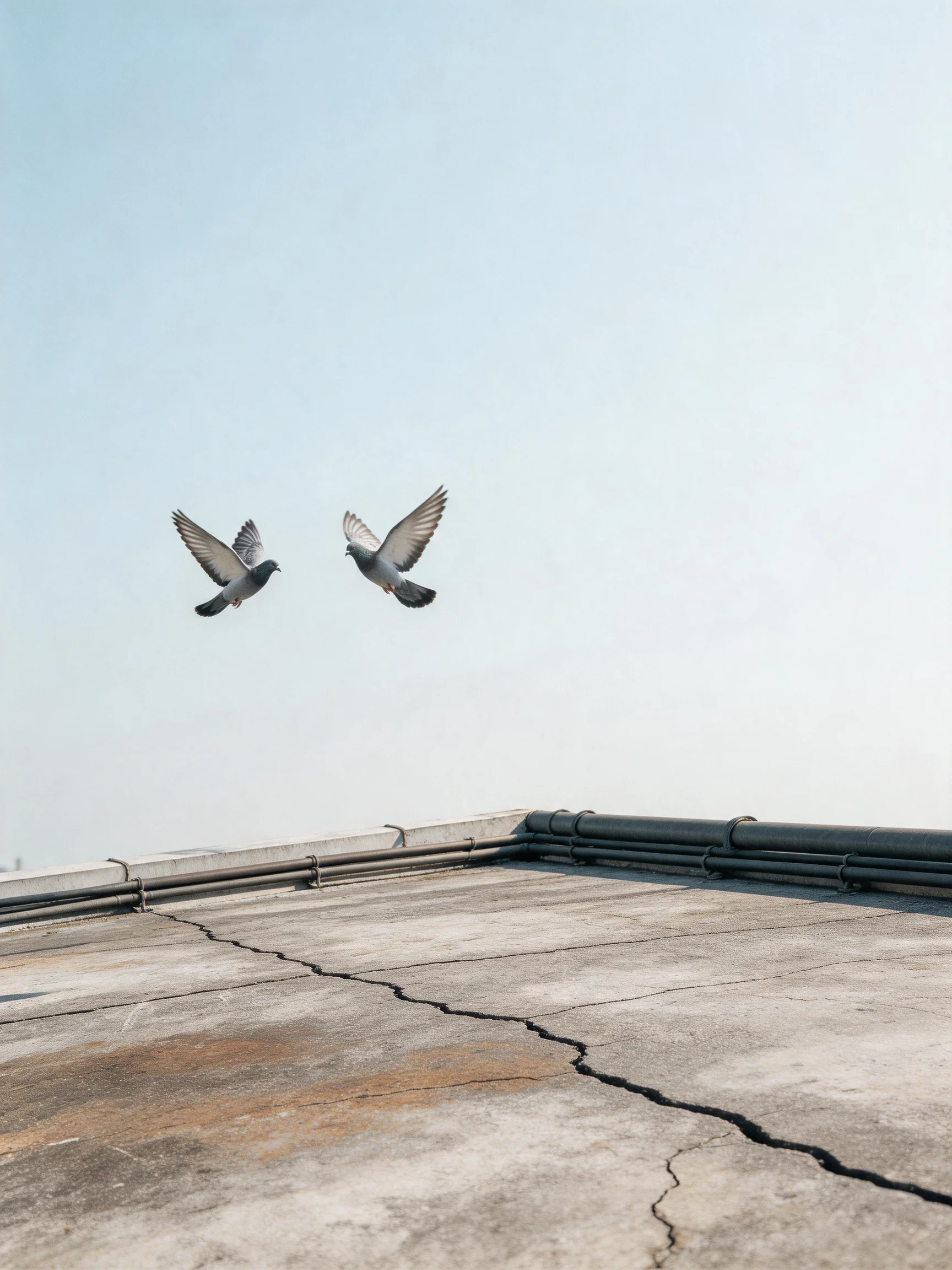 Two pigeons soar over a cracked concrete rooftop under a pale blue sky