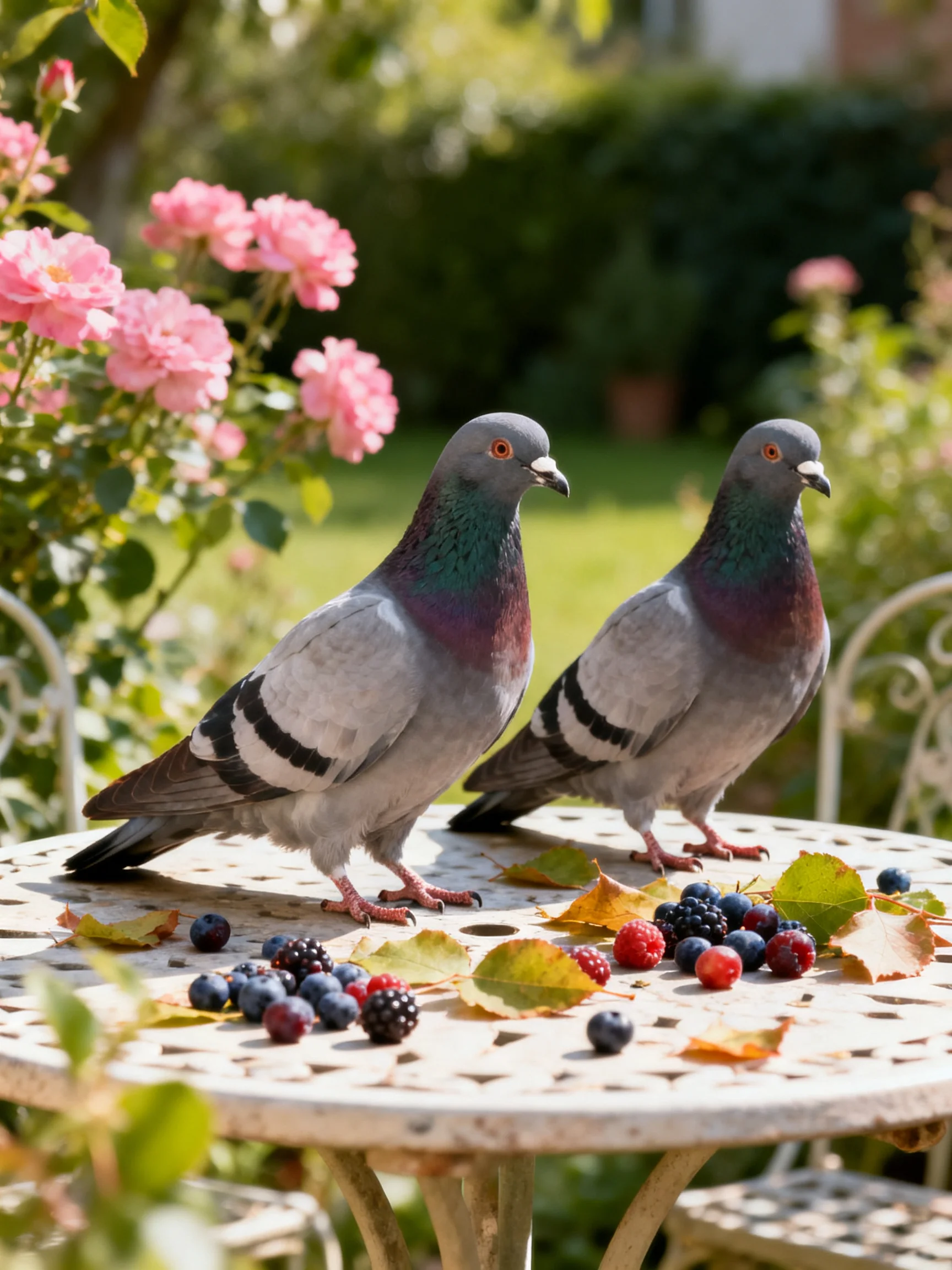 Two pigeons stand on a table with mixed berries near pink roses