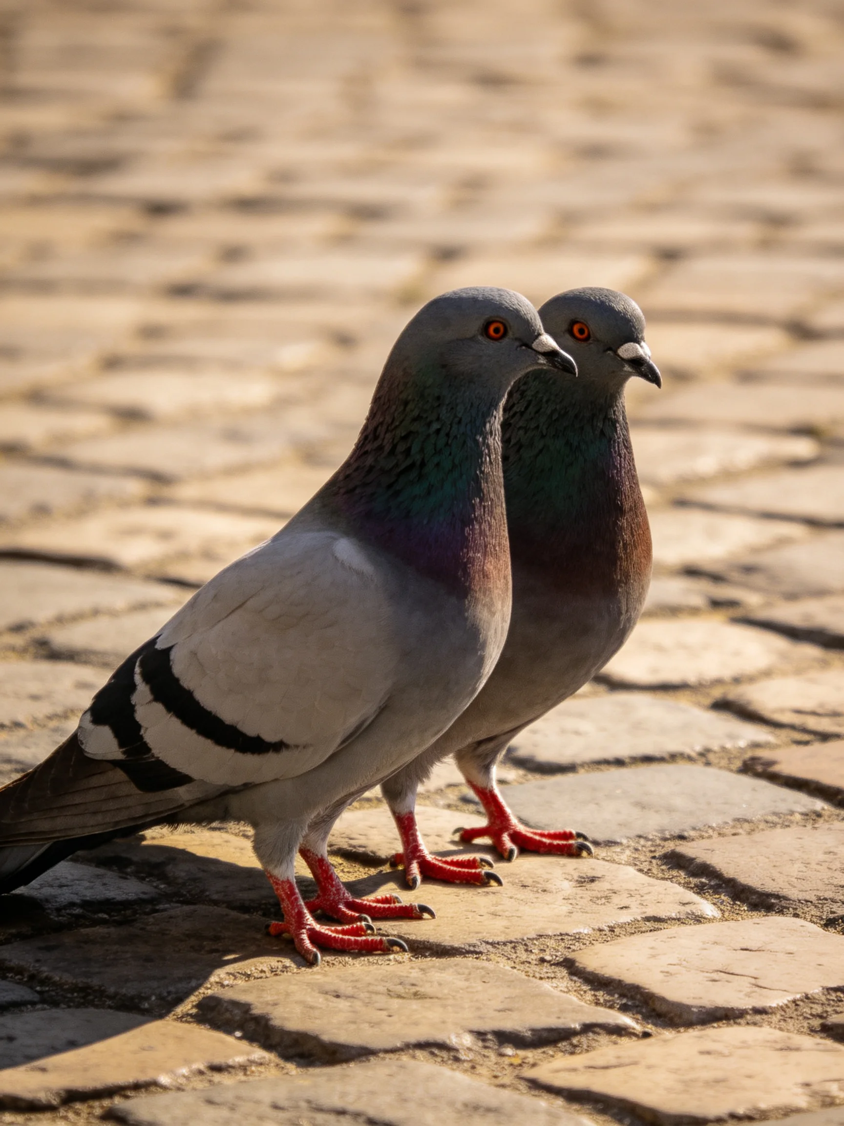 Two pigeons stand on a textured cobblestone path with earthy tones
