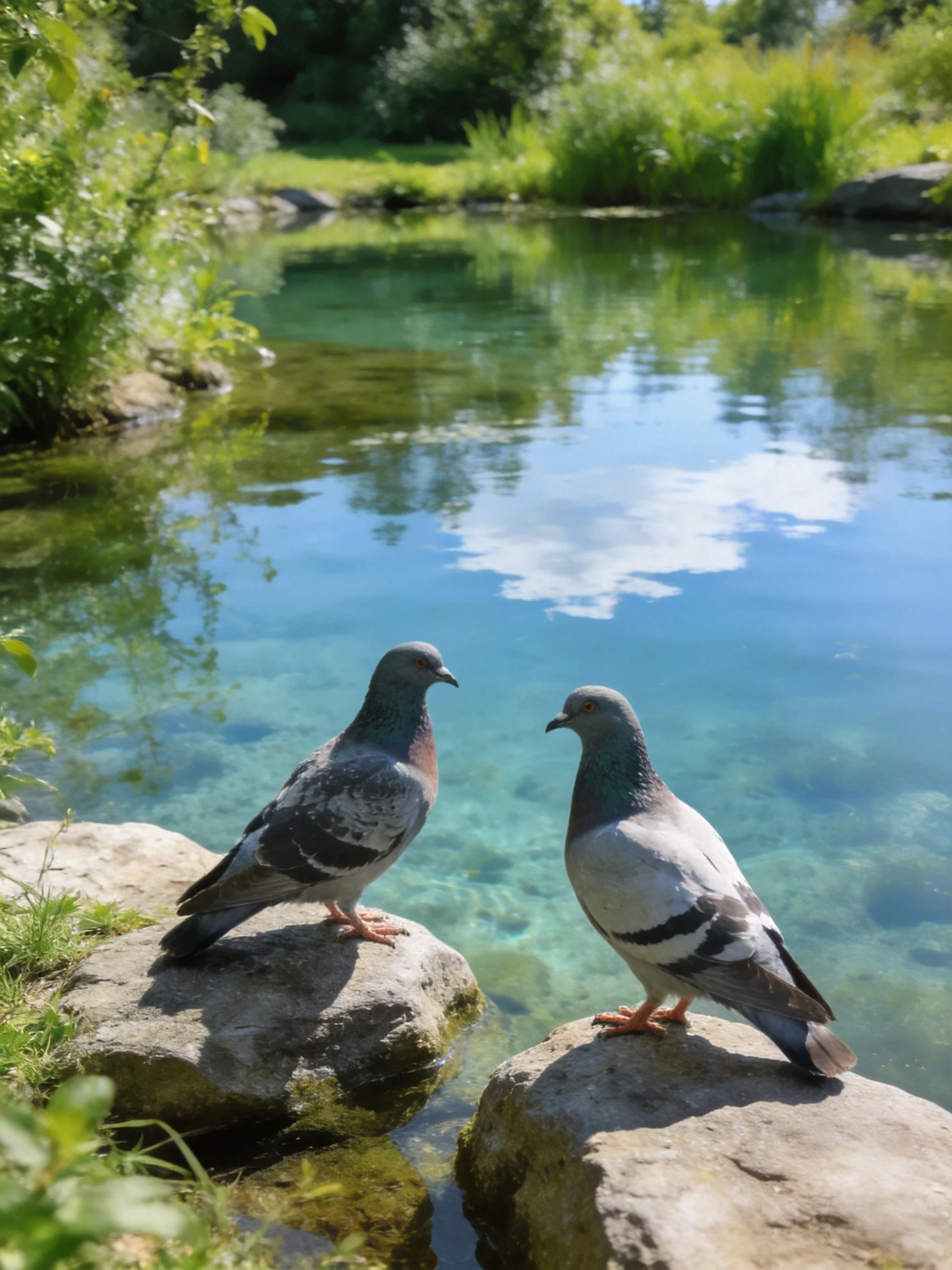 Two pigeons stand on rocks near a clear turquoise pond with lush vegetation