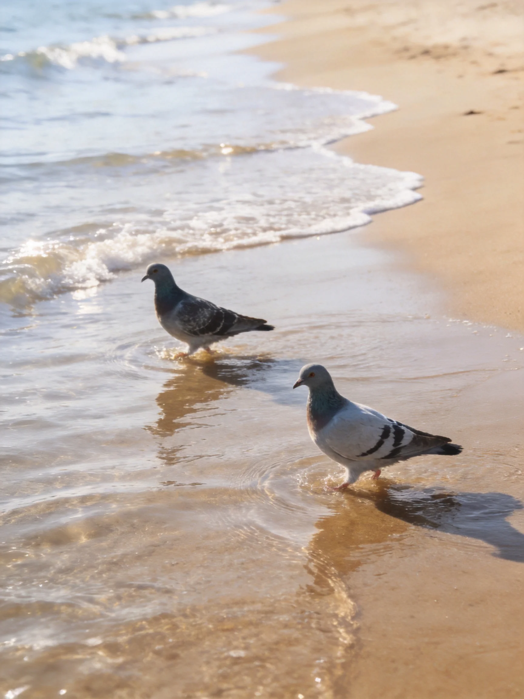 Two pigeons wade in shallow ocean waves near sandy shore