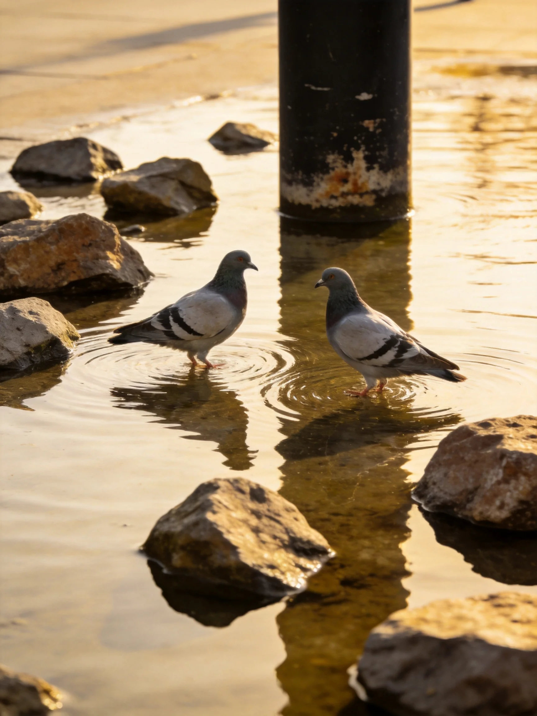Two pigeons wade in shallow water amid brown rocks and a black pole