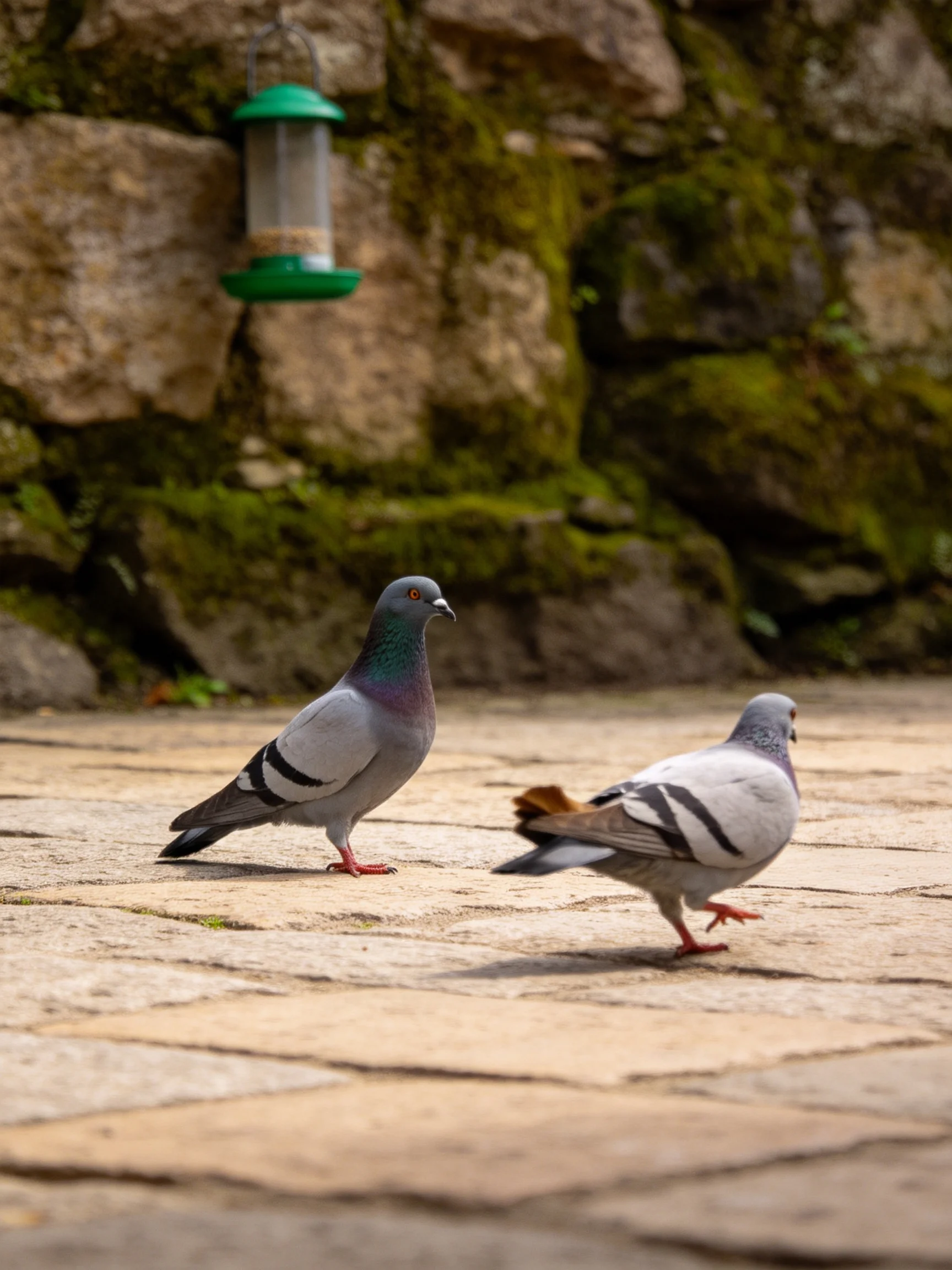 Two pigeons walk near a moss-covered stone wall with a green bird feeder